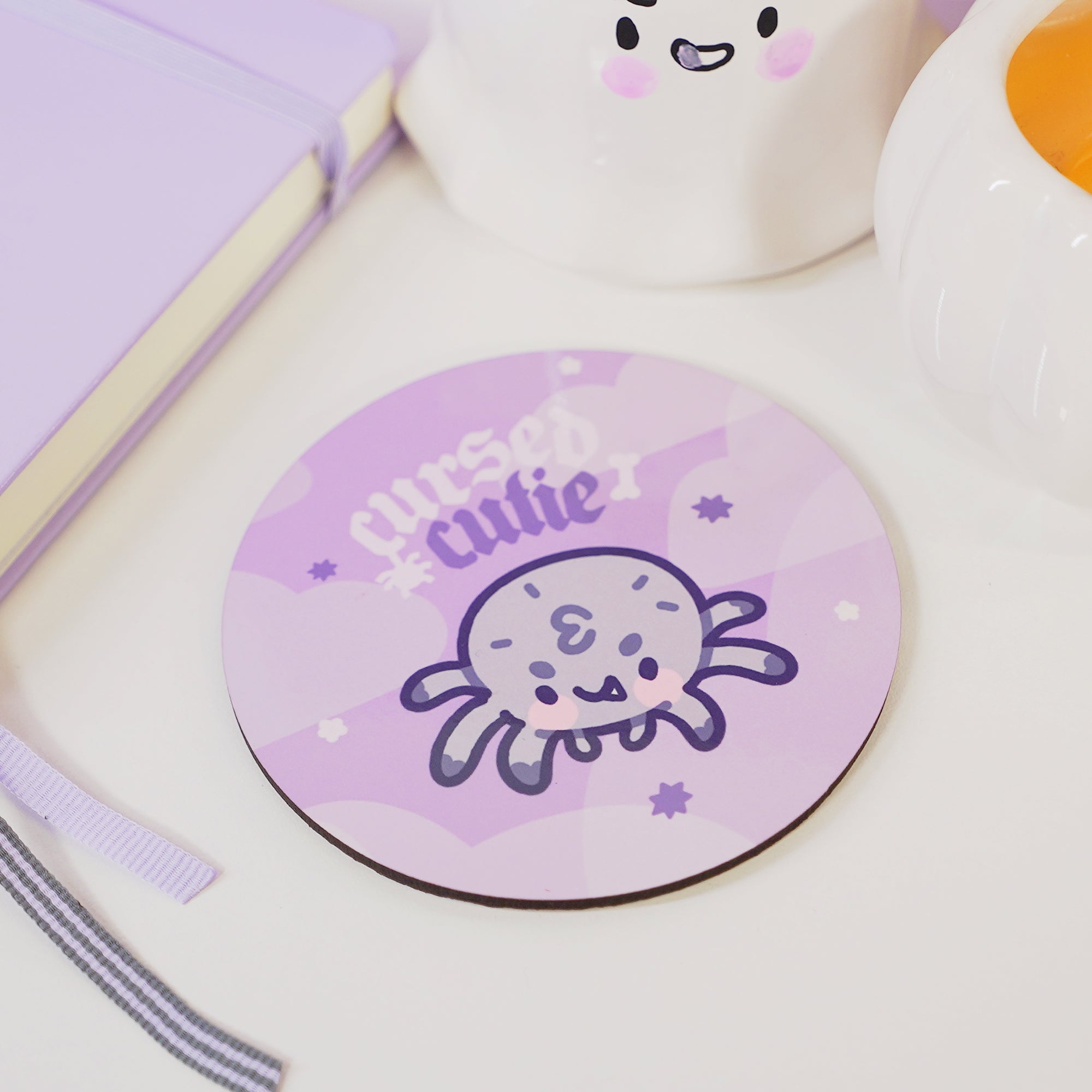 Gothic Halloween Coaster – “Cursed Cutie” with Fluffy the Spider - Spooky Desk Decor & Halloween Coaster - Katnipp Studios