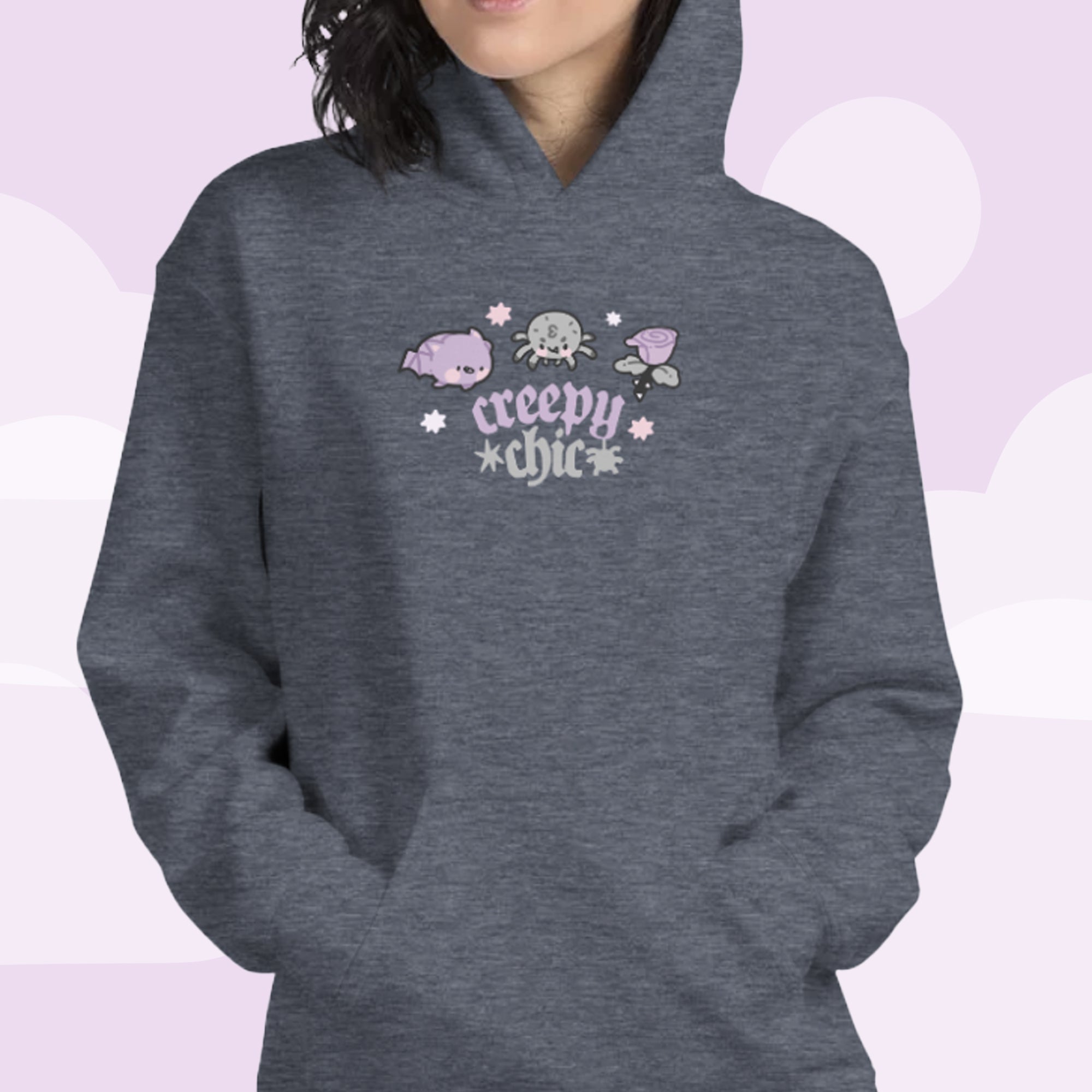 Gothic Halloween Hoodie – “Creepy Chic” Quote - Kawaii Bat & Spider Design - Spooky Halloween Apparel - Katnipp Studios