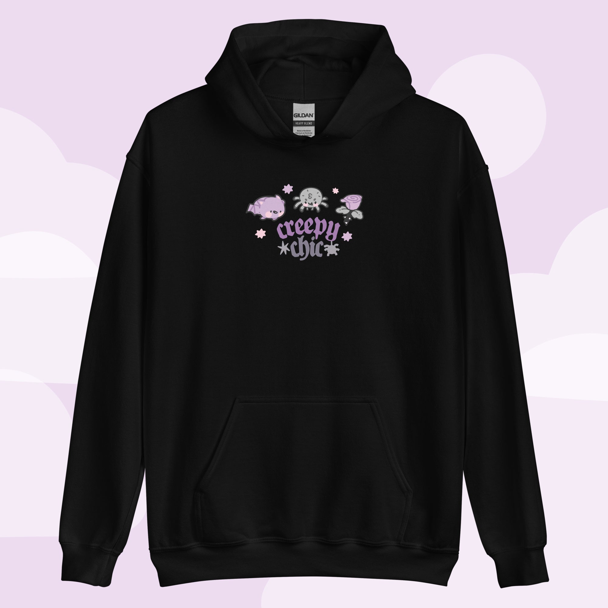 Gothic Halloween Hoodie – “Creepy Chic” Quote - Kawaii Bat & Spider Design - Spooky Halloween Apparel - Katnipp Studios