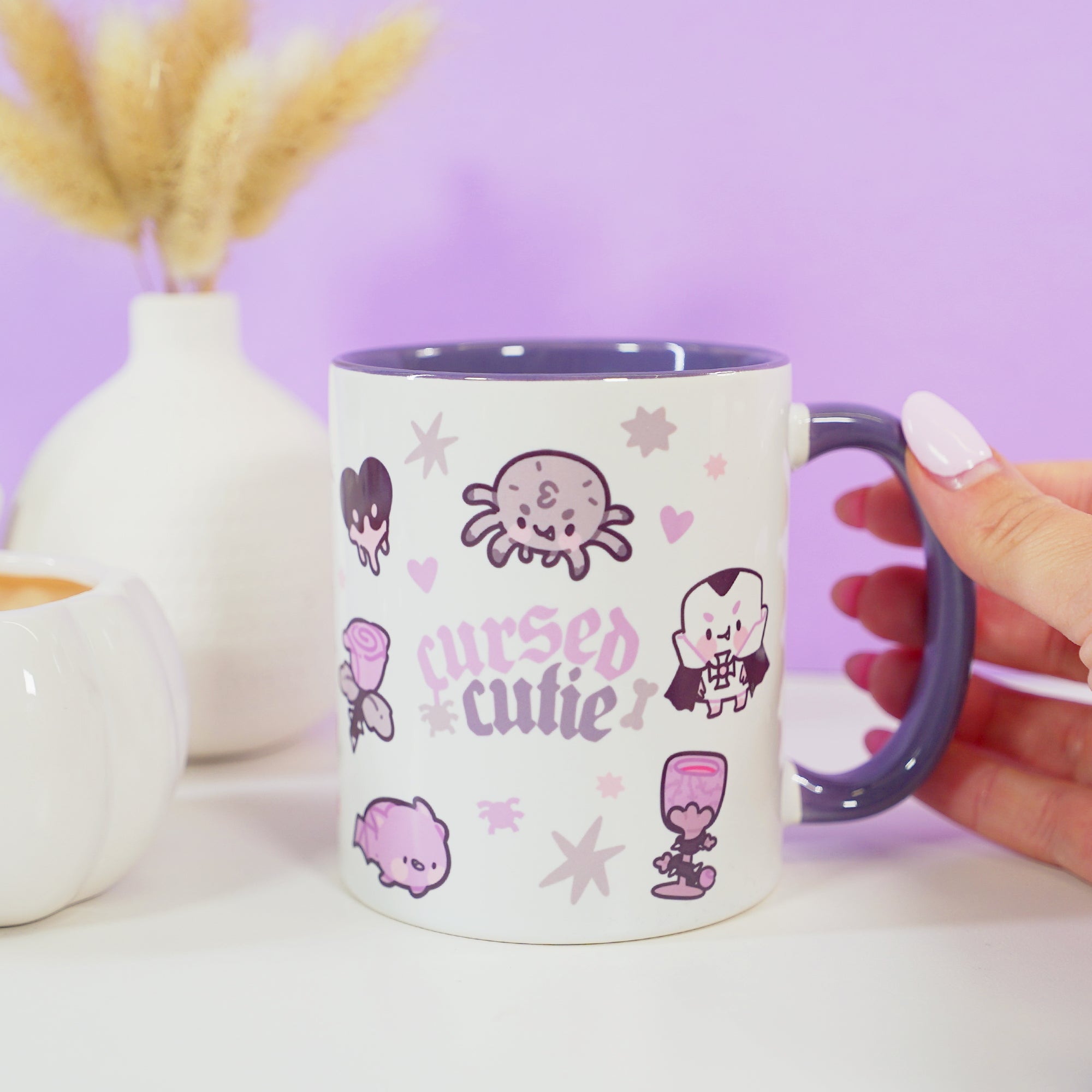 Gothic Halloween Mug - 'Cursed Cutie' - Spooky Ceramic Cup - Kawaii Halloween Homeware - Katnipp Studios