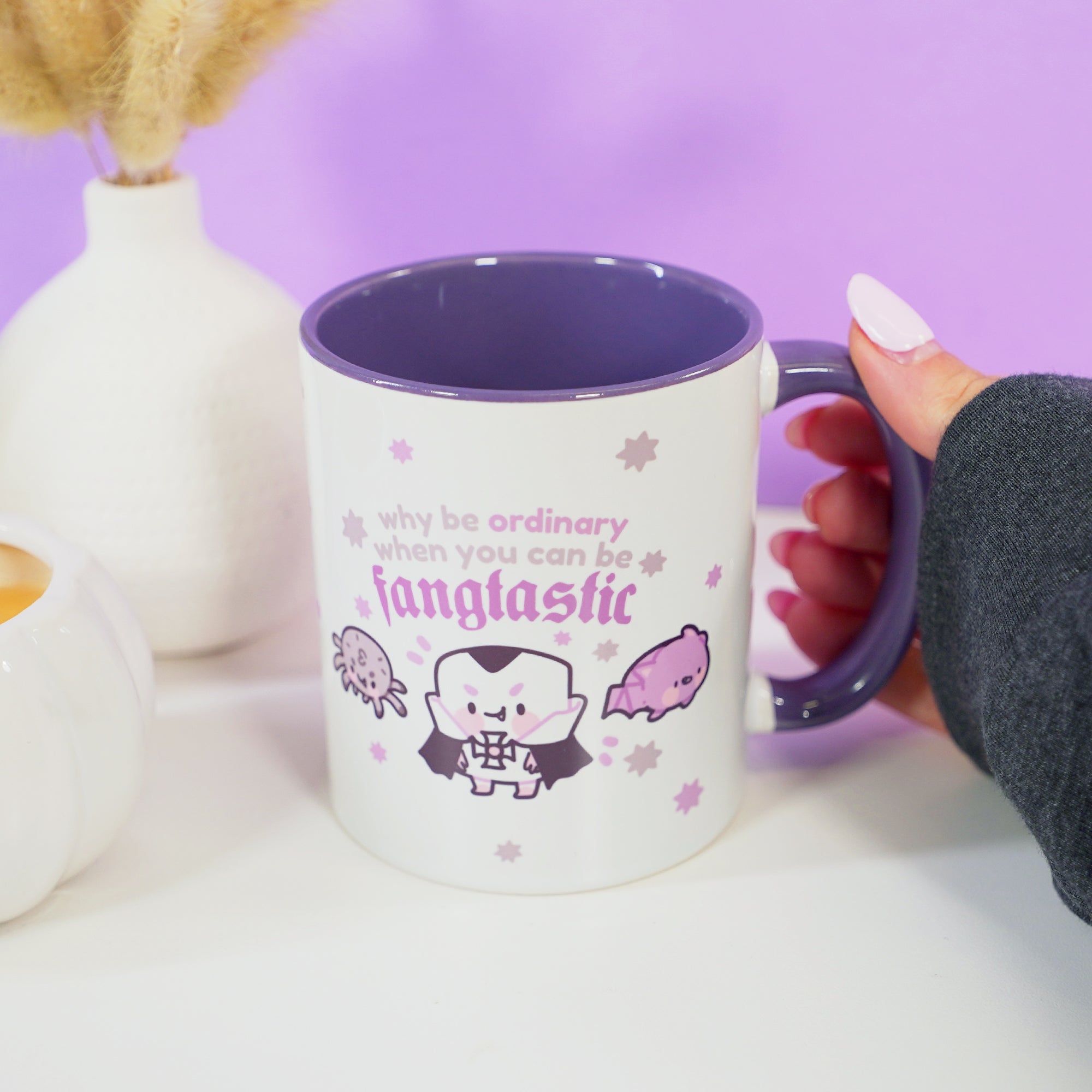 Gothic Halloween Mug - ‘Fangtastic’ - Ceramic Cup with Spooky Vampire & Bat Design - Kawaii Halloween Homeware - Katnipp Studios