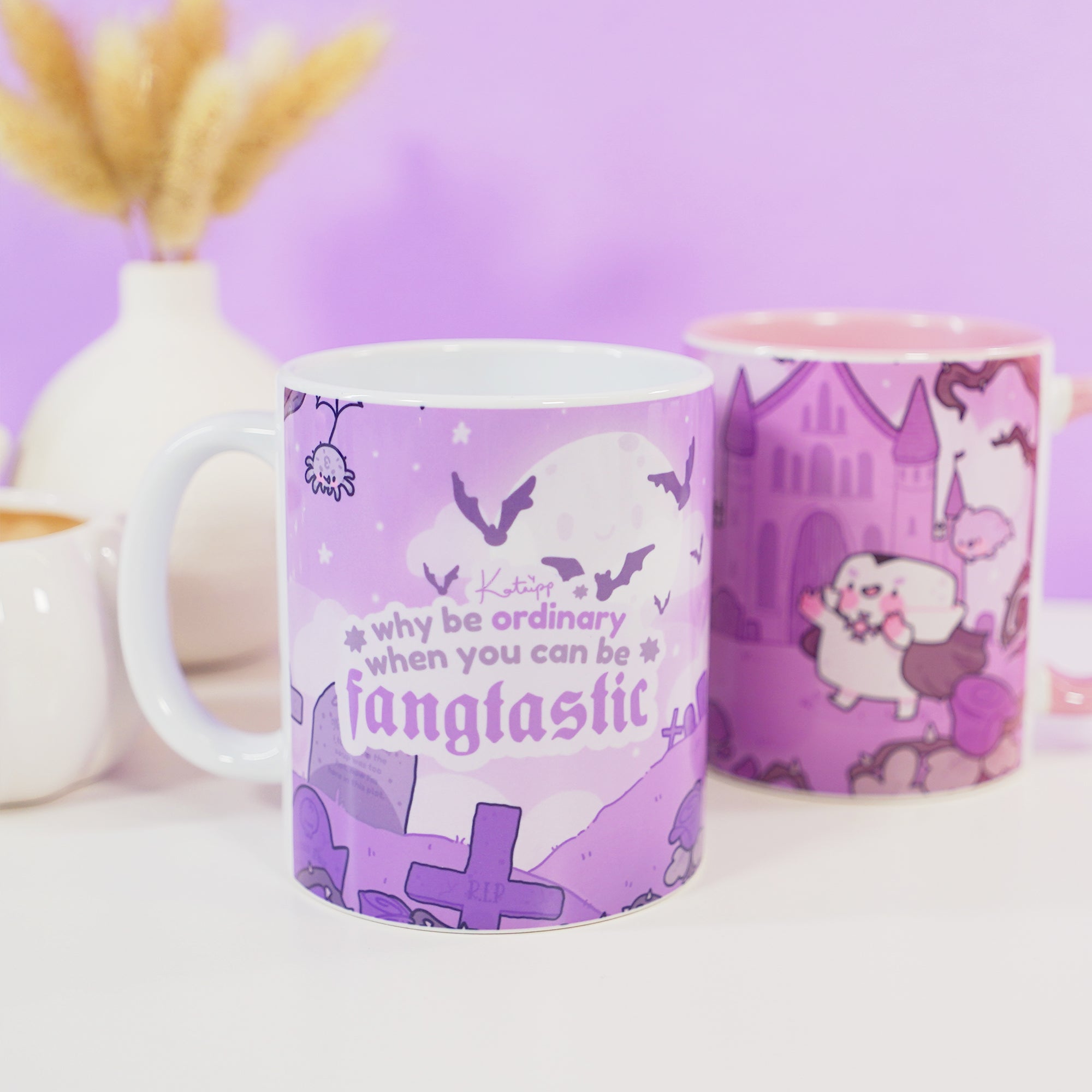 Gothic Halloween Mug - ‘Fangtastic’ - Spooky Graveyard Design - Kawaii Halloween Homeware - Katnipp Studios