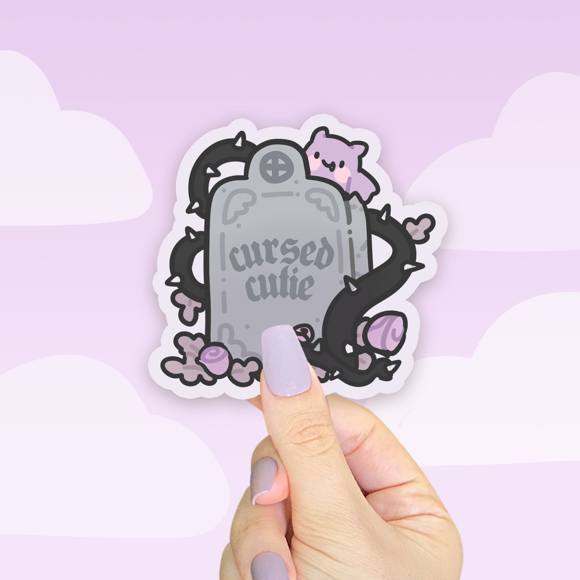 Gothic Halloween Sticker – “Cursed Cutie” Headstone with Bartholomew the Bat - Kawaii Die-Cut Sticker - Cute Spooky Sticker - Katnipp Studios