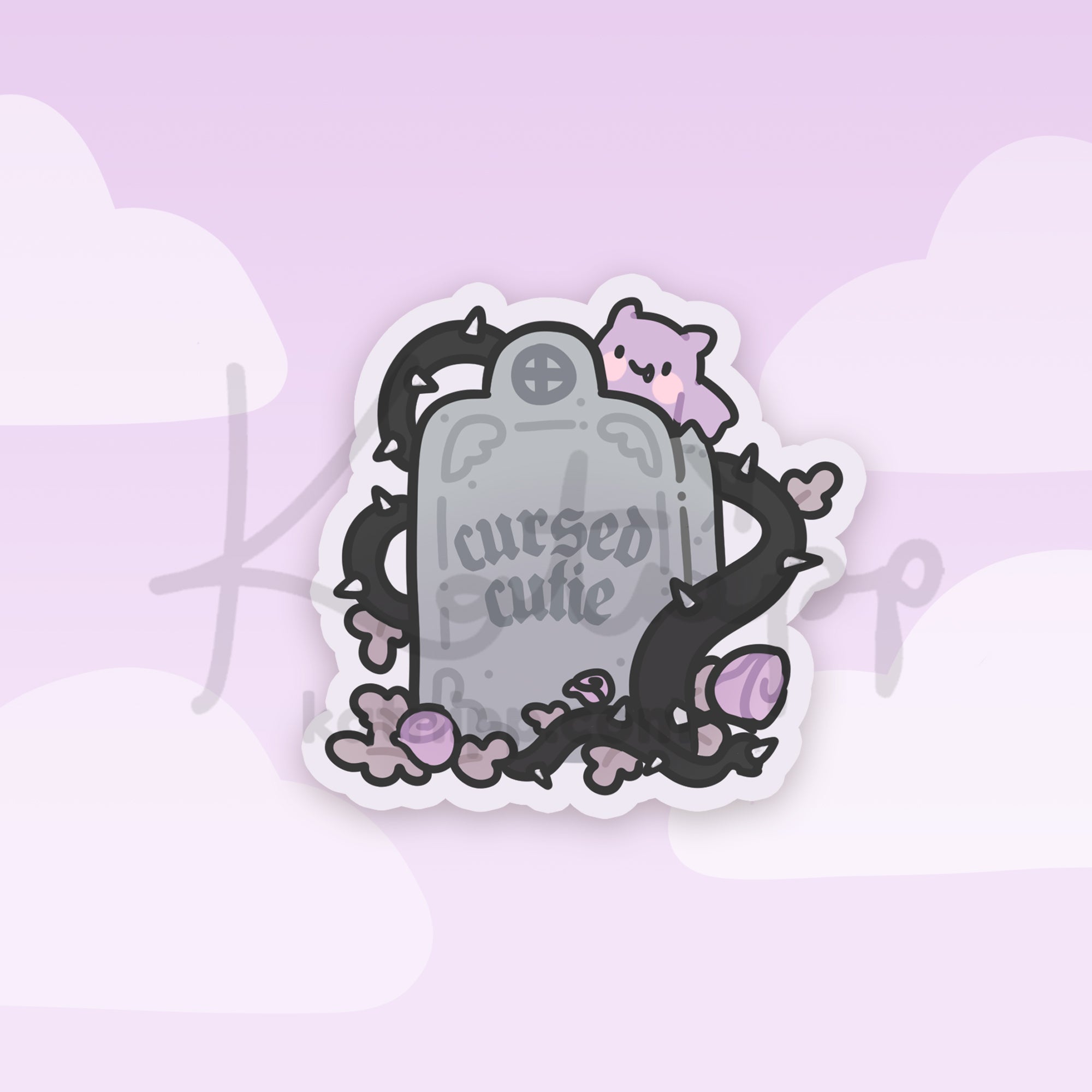 Gothic Halloween Sticker – “Cursed Cutie” Headstone with Bartholomew the Bat - Kawaii Die-Cut Sticker - Cute Spooky Sticker - Katnipp Studios