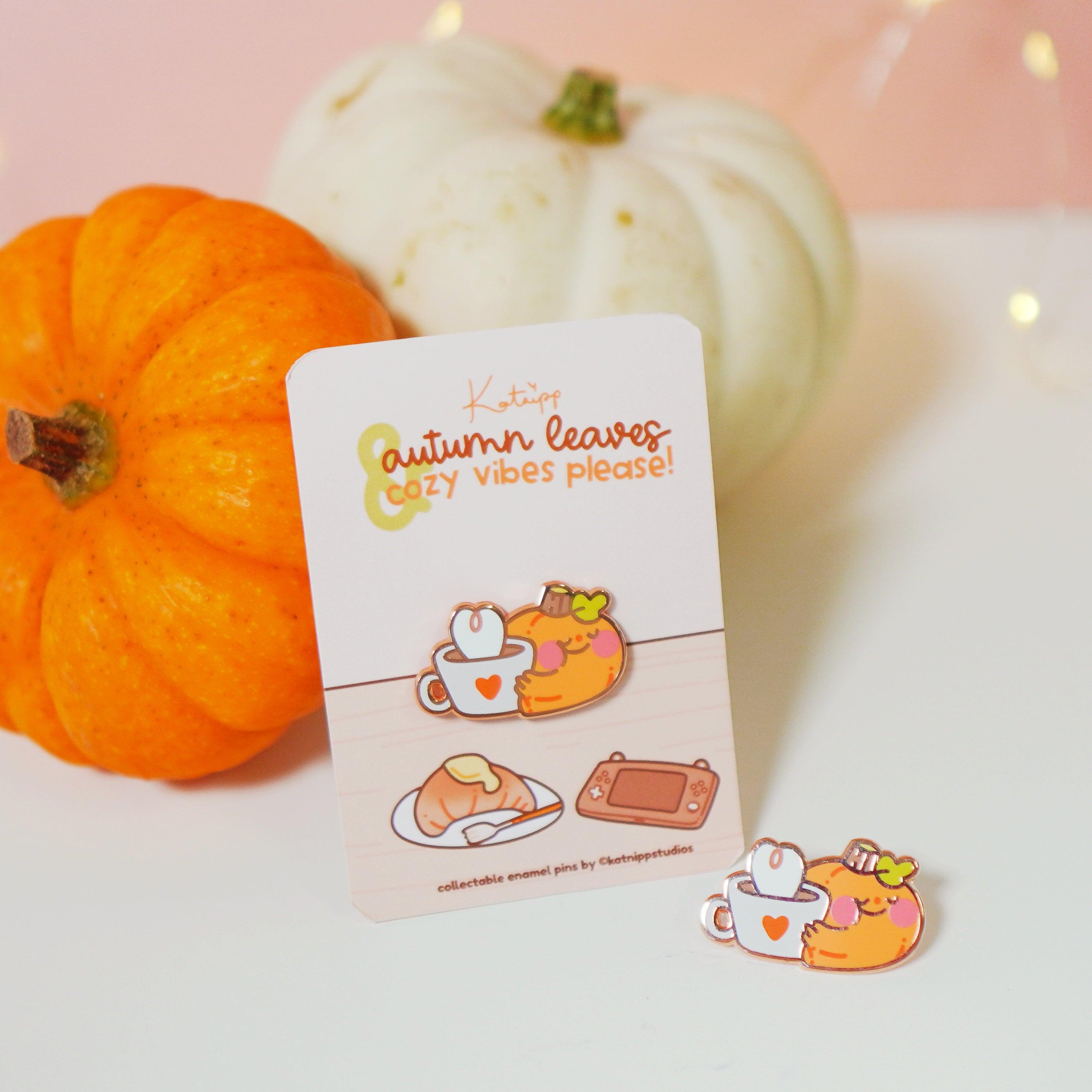 Gourdo Cosy Autumn Enamel Pin | Pumpkin Spice Coffee Pin | Kawaii Fall Accessory - Katnipp Studios