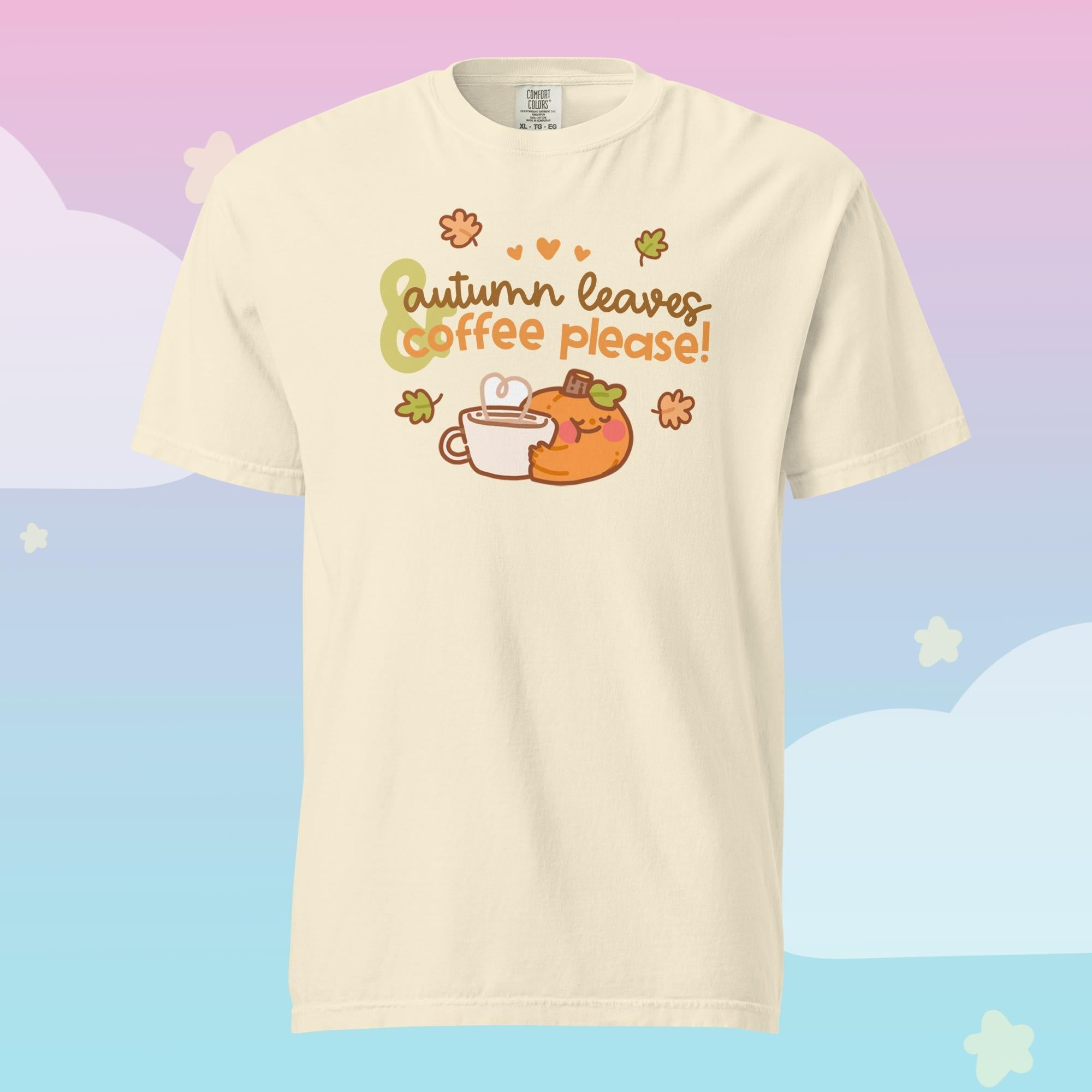 Gourdo Pumpkin T-Shirt | Autumn Leaves & Coffee Please Cosy Kawaii Shirt | Cute Fall Apparel Katnipp character product