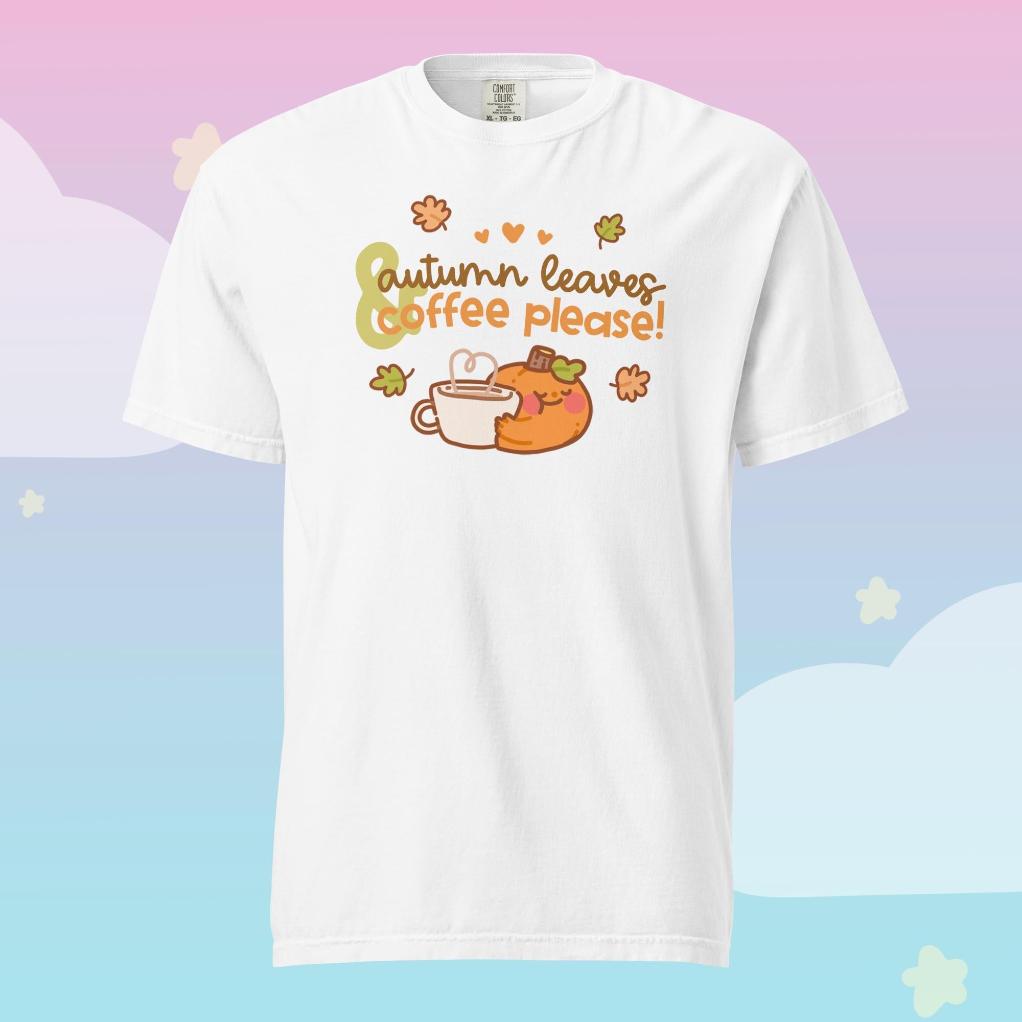 Gourdo Pumpkin T-Shirt | Autumn Leaves & Coffee Please Cosy Kawaii Shirt | Cute Fall Apparel Katnipp character product