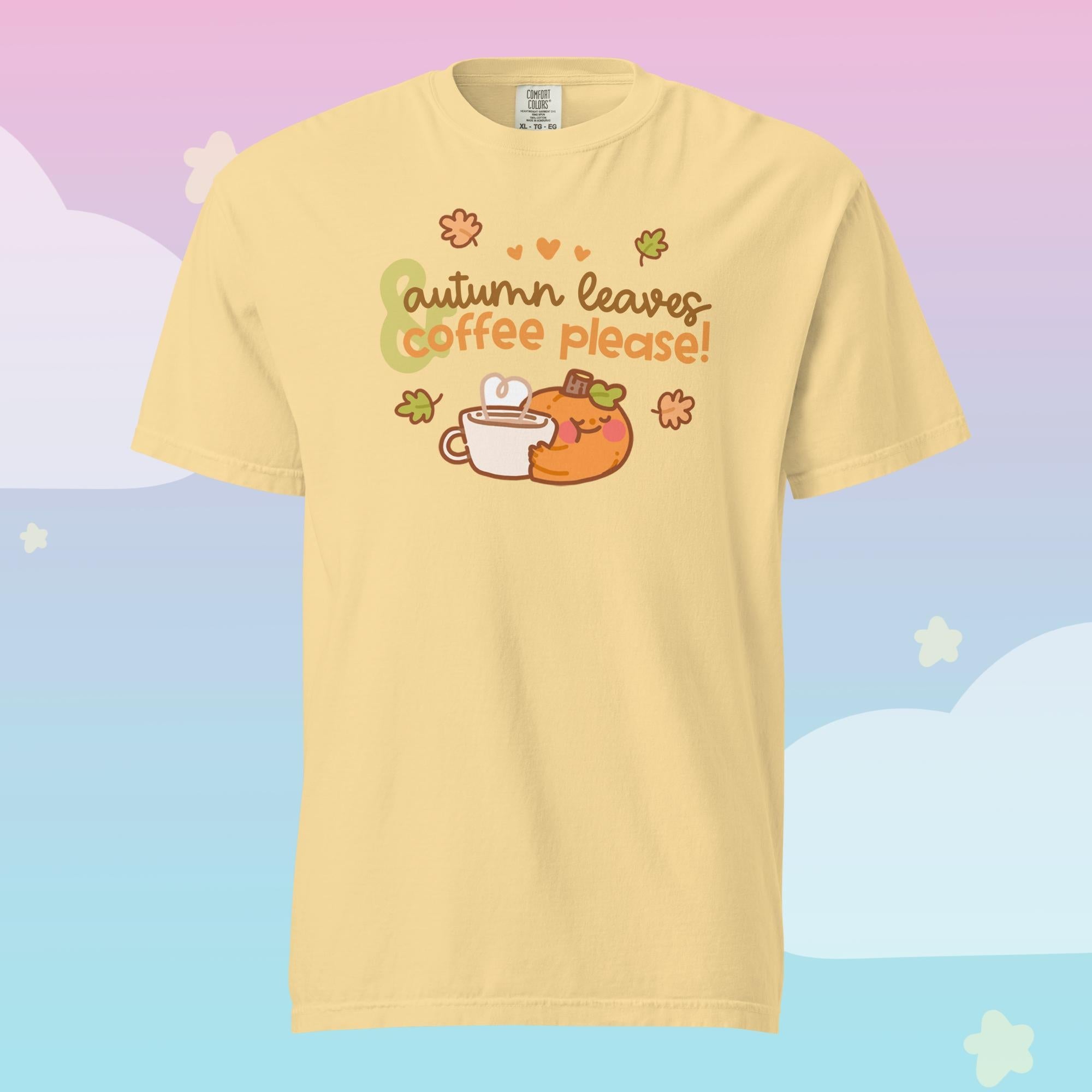 Gourdo Pumpkin T-Shirt | Autumn Leaves & Coffee Please Cosy Kawaii Shirt | Cute Fall Apparel Katnipp character product