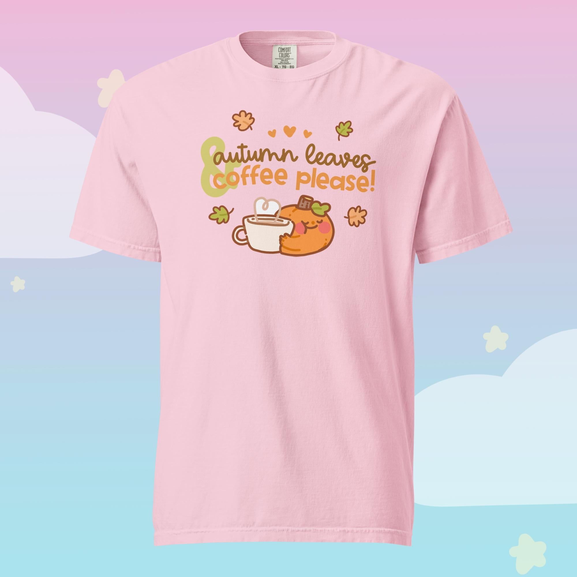 Gourdo Pumpkin T-Shirt | Autumn Leaves & Coffee Please Cosy Kawaii Shirt | Cute Fall Apparel Katnipp character product