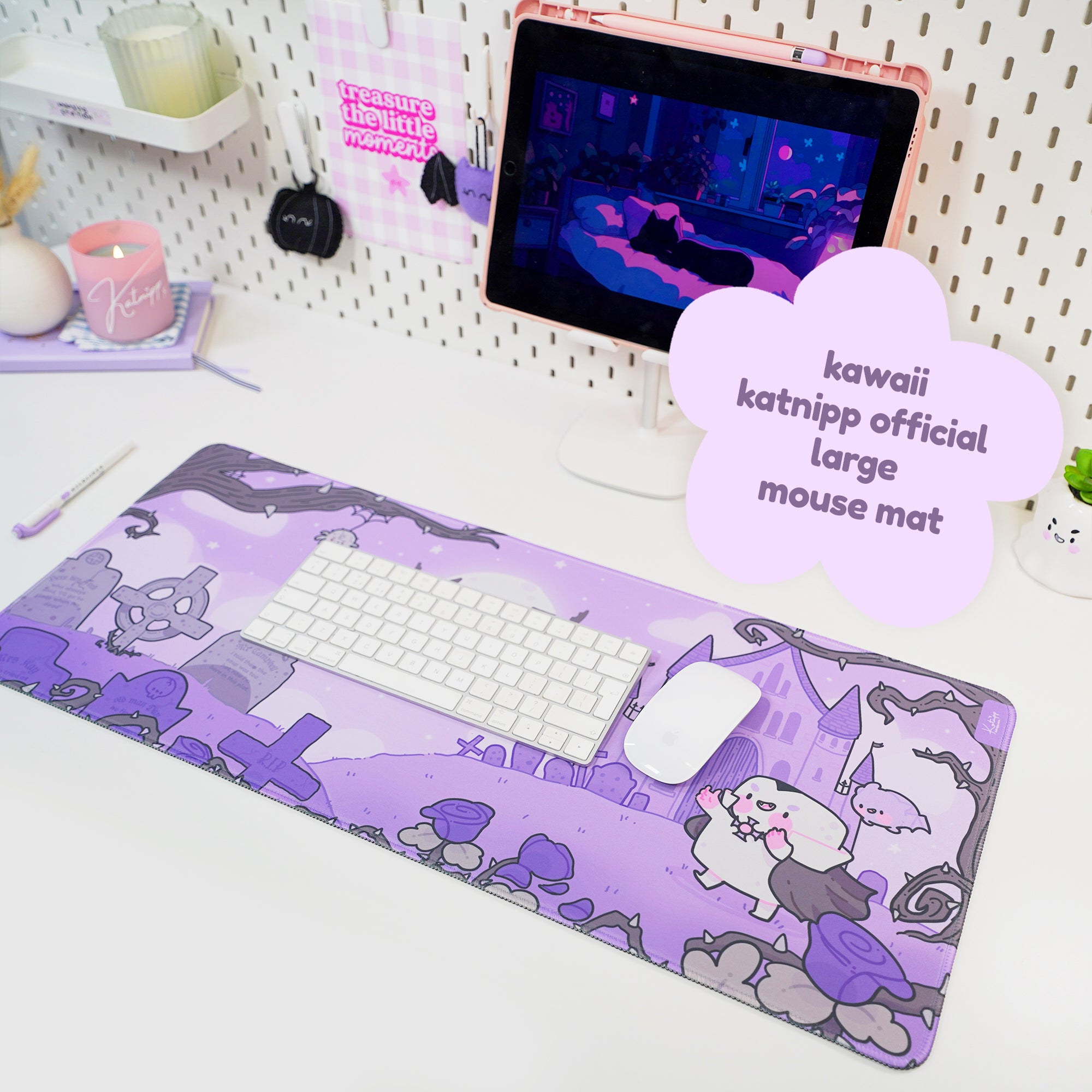 Halloween Gaming Desk Pad | Gothic Autumn Desk Decor | Vampire & Graveyard Kawaii Design - Katnipp Studios