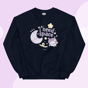 I Need Space Crew Neck Sweatshirt | Cute Celestial Kawaii Katnipp character product