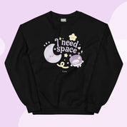 I Need Space Crew Neck Sweatshirt | Cute Celestial Kawaii Katnipp character product