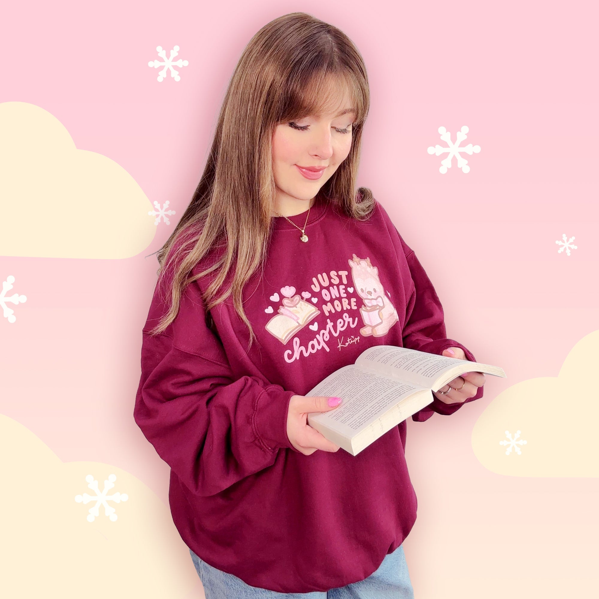 Just One More Chapter Kawaii Bookish Sweatshirt | Cozy Reader Gift & Book Lover Apparel Katnipp character product