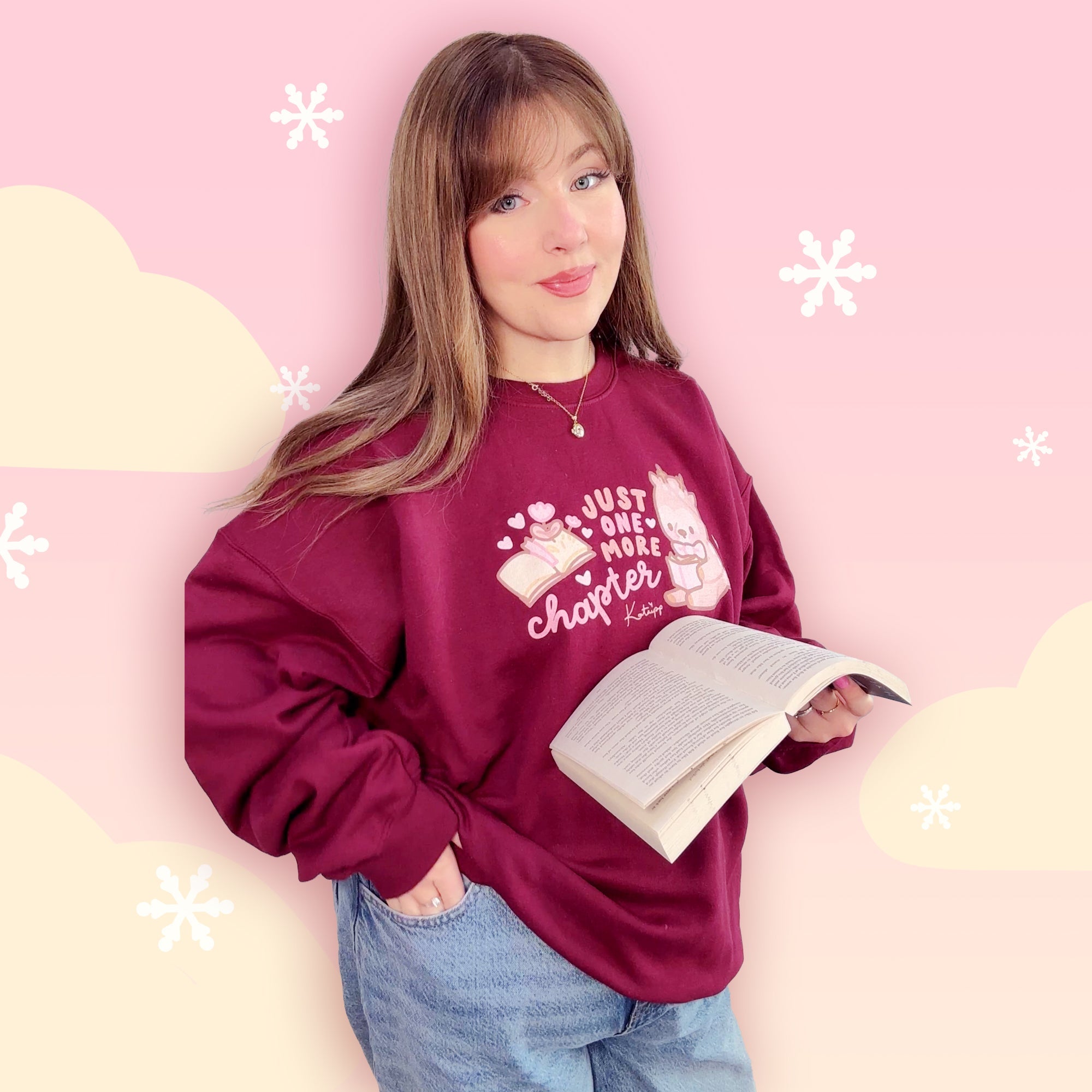 Just One More Chapter Kawaii Bookish Sweatshirt | Cozy Reader Gift & Book Lover Apparel Katnipp character product