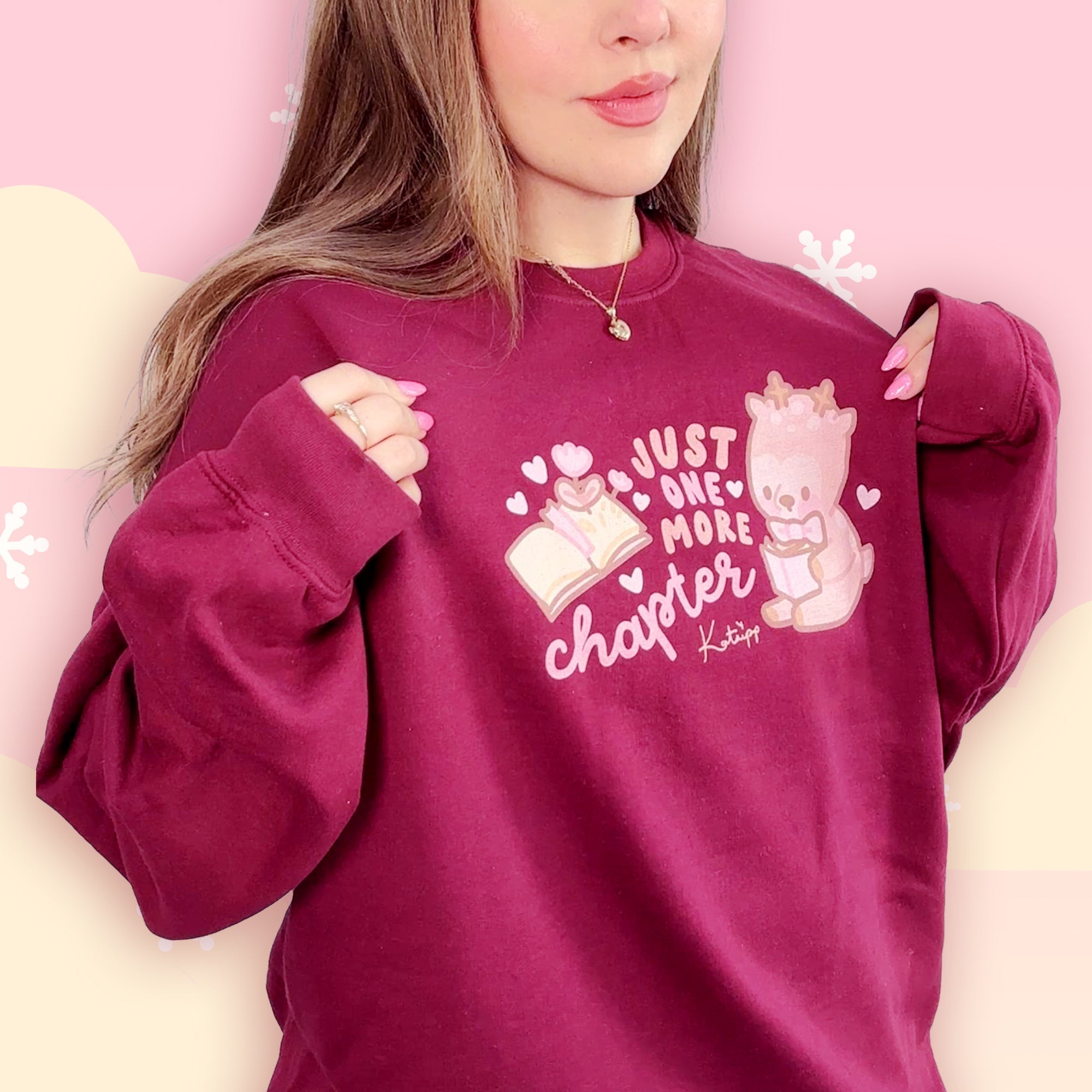 Just One More Chapter Kawaii Bookish Sweatshirt | Cozy Reader Gift & Book Lover Apparel Katnipp character product