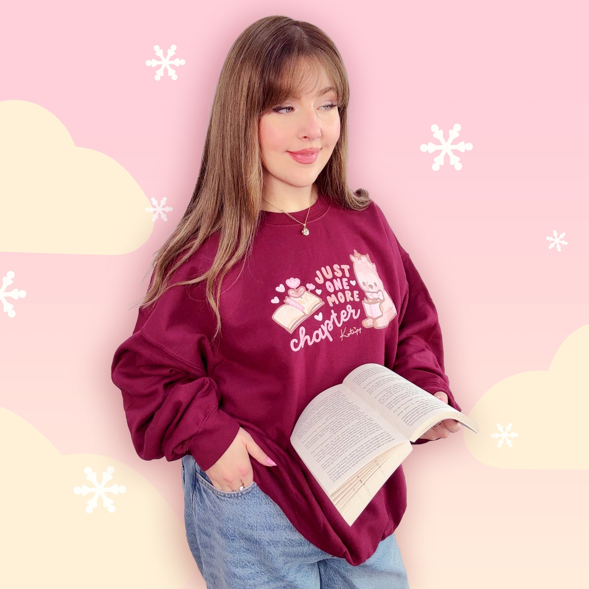 Just One More Chapter Kawaii Bookish Sweatshirt | Cozy Reader Gift & Book Lover Apparel Katnipp character product