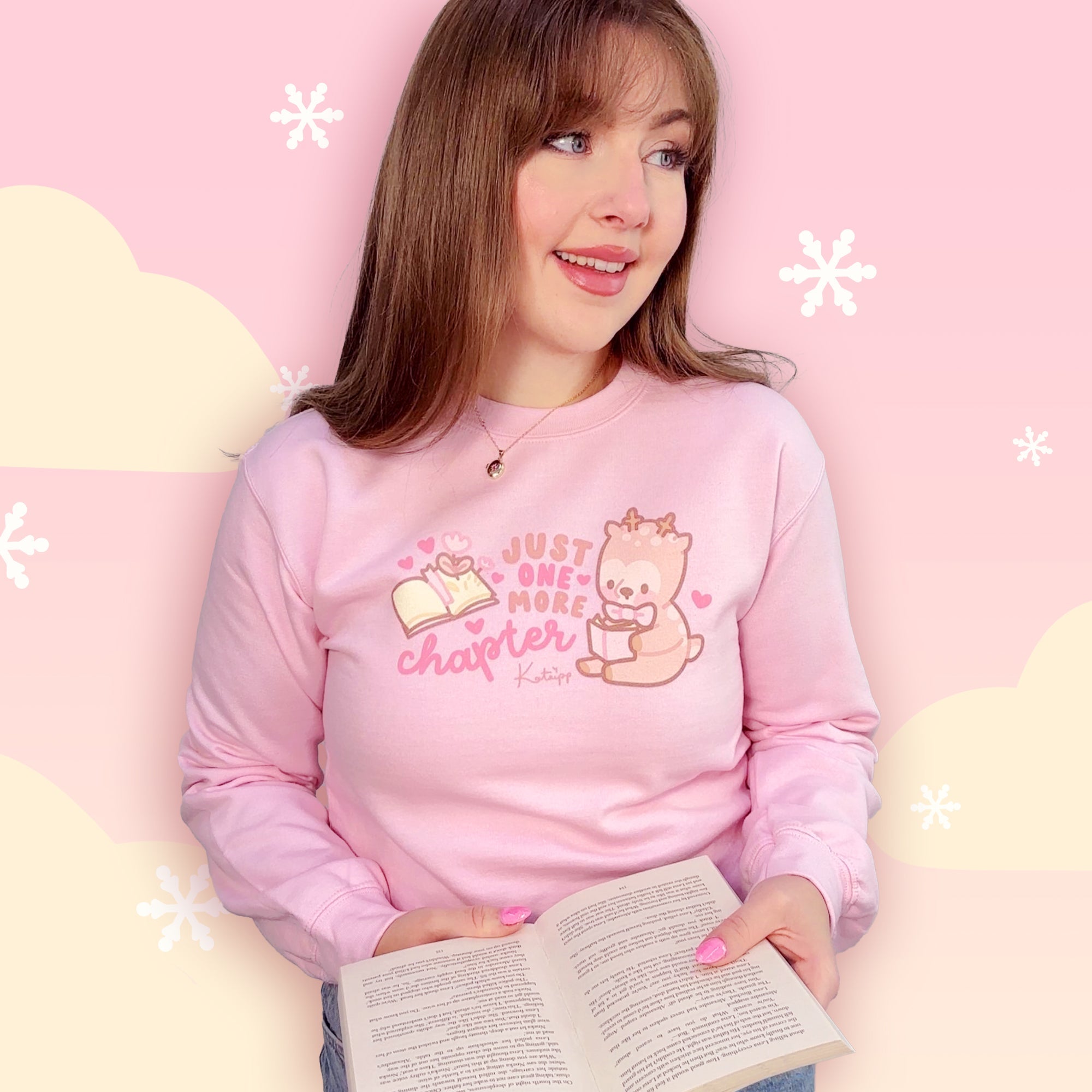 Just One More Chapter Kawaii Bookish Sweatshirt | Cozy Reader Gift & Book Lover Apparel Katnipp character product