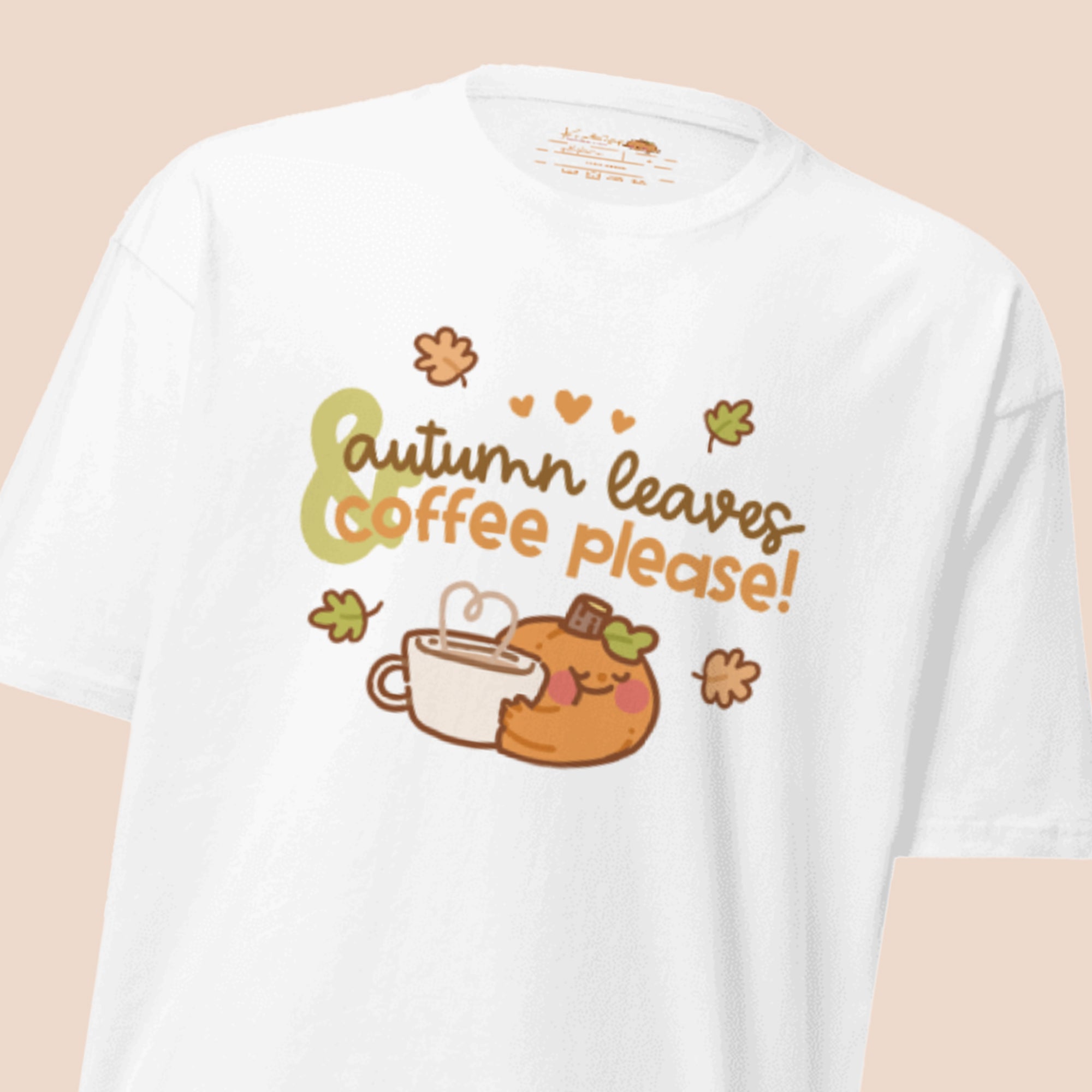 Kawaii Autumn Graphic T-Shirt – Cozy Leaves & Coffee Design - Cute Seasonal Apparel - Katnipp Studios