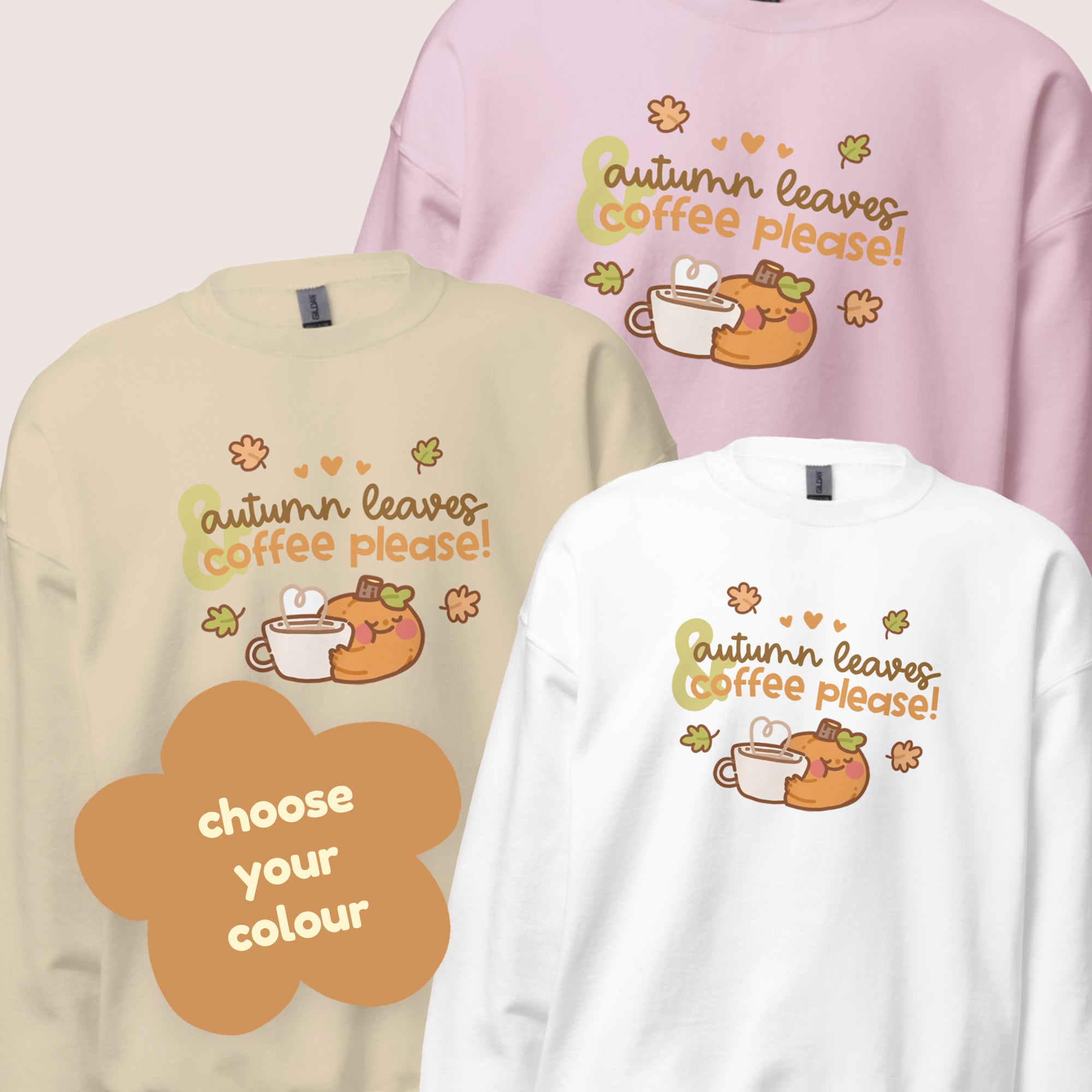 Kawaii Autumn Sweater - 'Autumn Leaves & Coffee Please!' - Cozy Fall Sweatshirt - Katnipp Studios