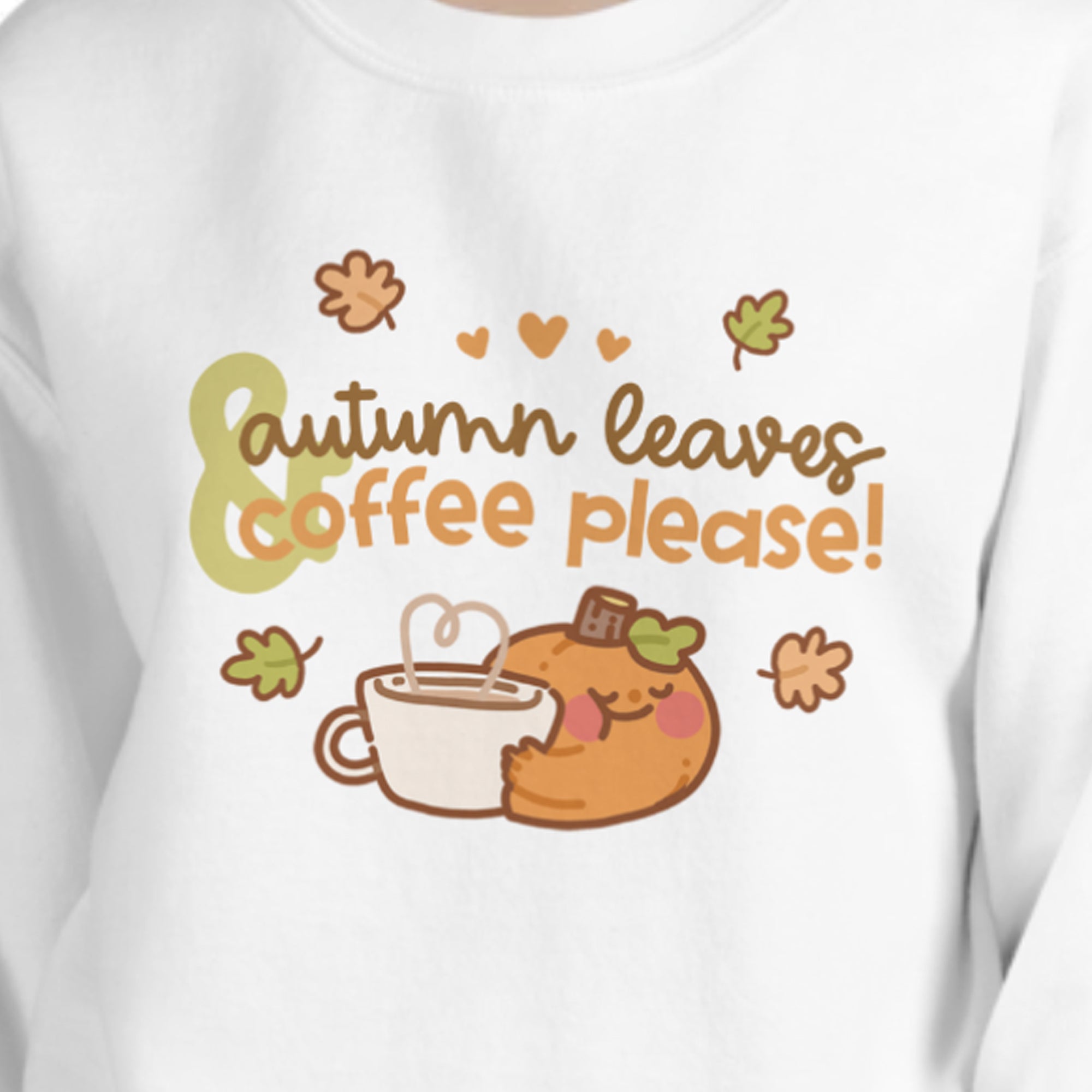 Kawaii Autumn Sweater - 'Autumn Leaves & Coffee Please!' - Cozy Fall Sweatshirt - Katnipp Studios