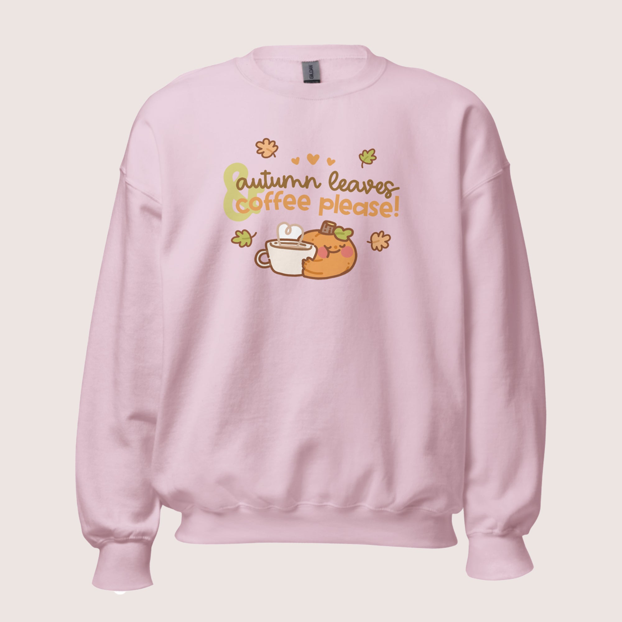 Kawaii Autumn Sweater - 'Autumn Leaves & Coffee Please!' - Cozy Fall Sweatshirt - Katnipp Studios