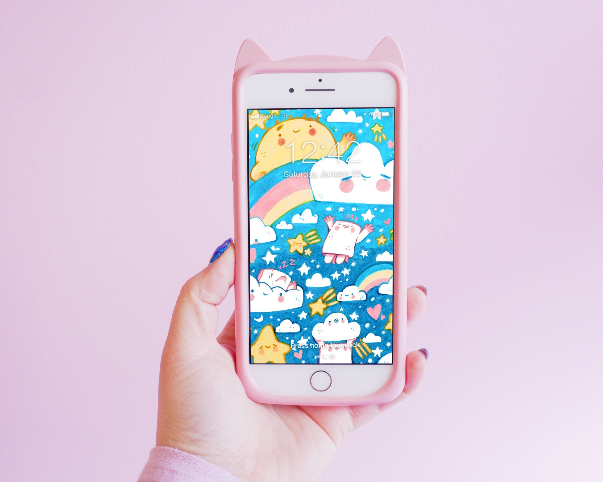 Kawaii Digital Phone Wallpaper with Marshmallow Clouds | Cute Aesthetic Phone Background Download for iPhone & Android - Katnipp Studios