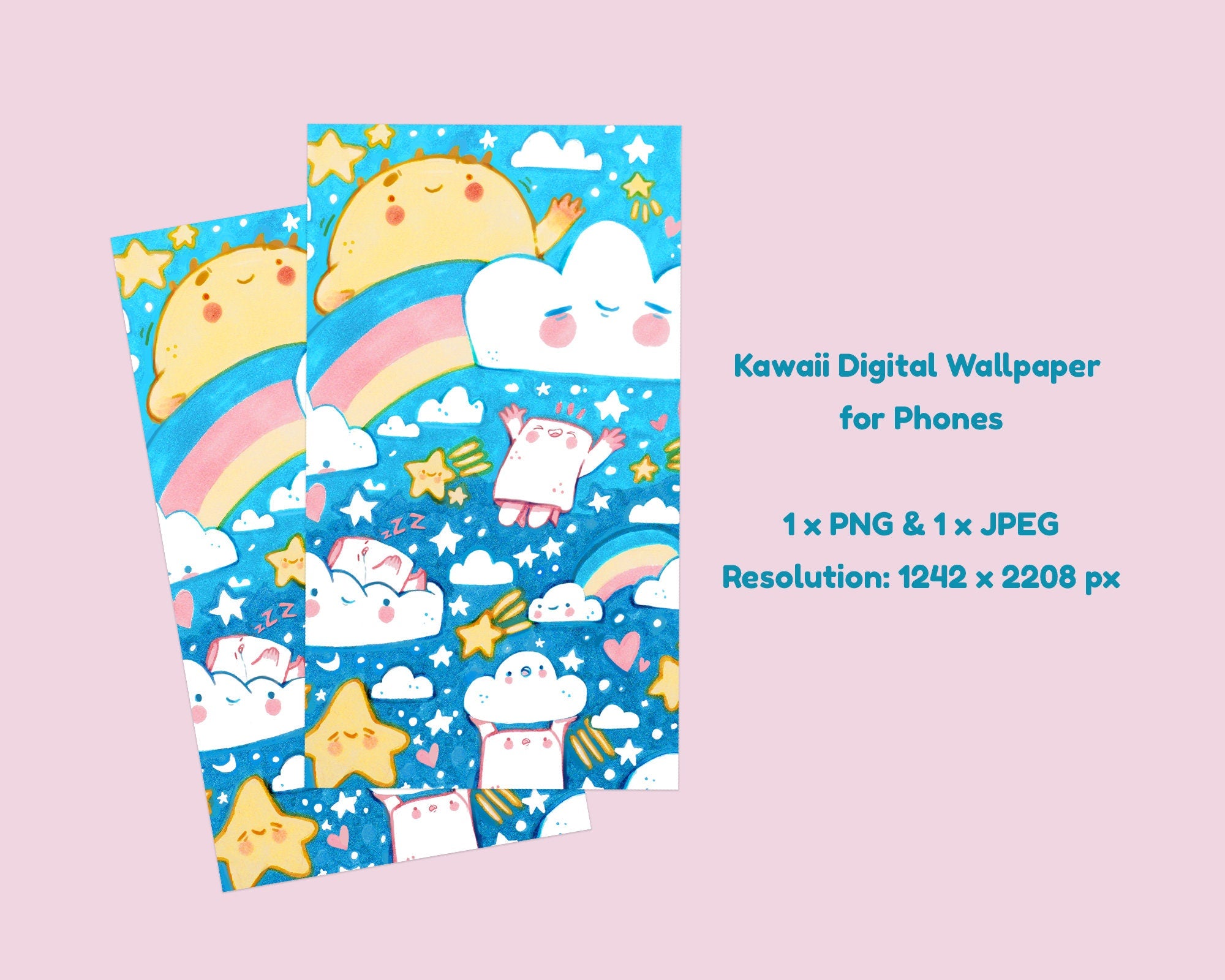 Kawaii Digital Phone Wallpaper with Marshmallow Clouds | Cute Aesthetic Phone Background Download for iPhone & Android - Katnipp Studios