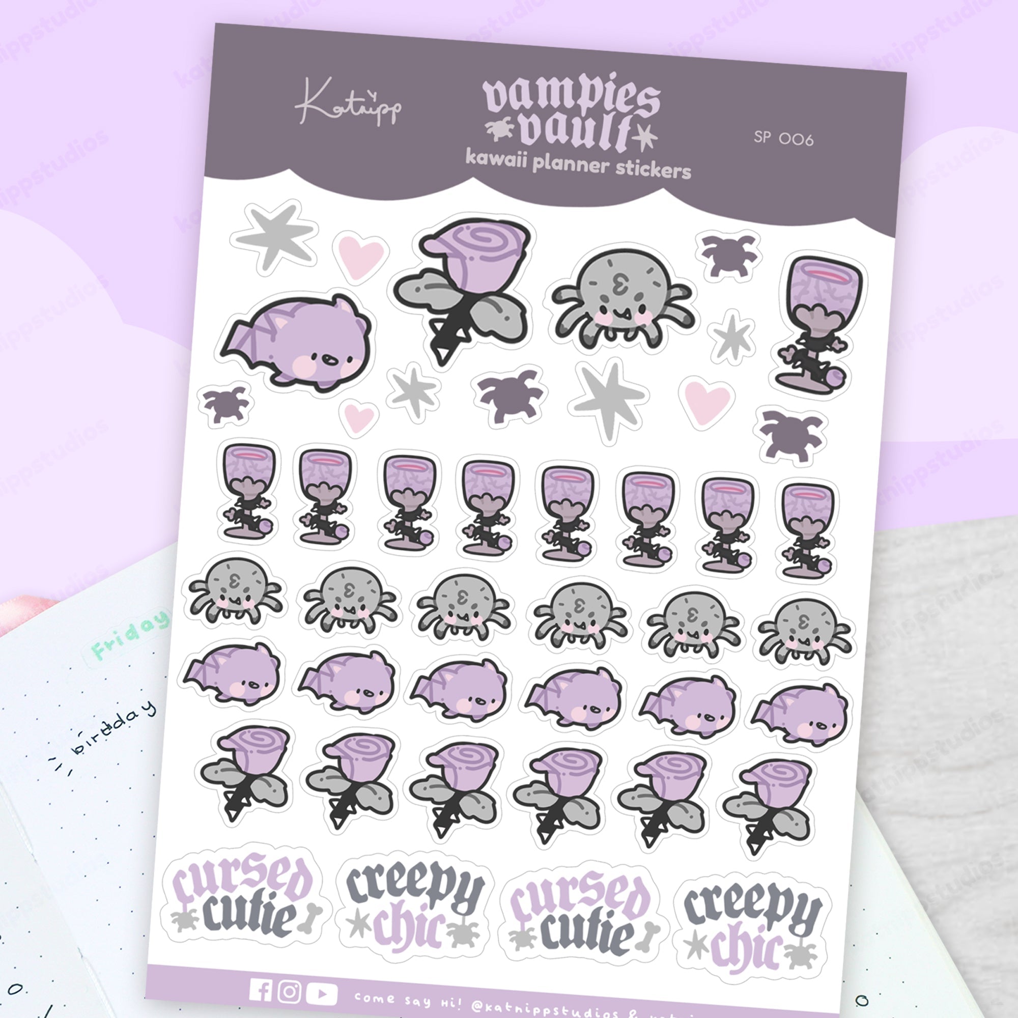 Kawaii Gothic A6 Sticker Sheet Bundle | 6 Halloween Planner Sheets | SPBUN001 Katnipp character product