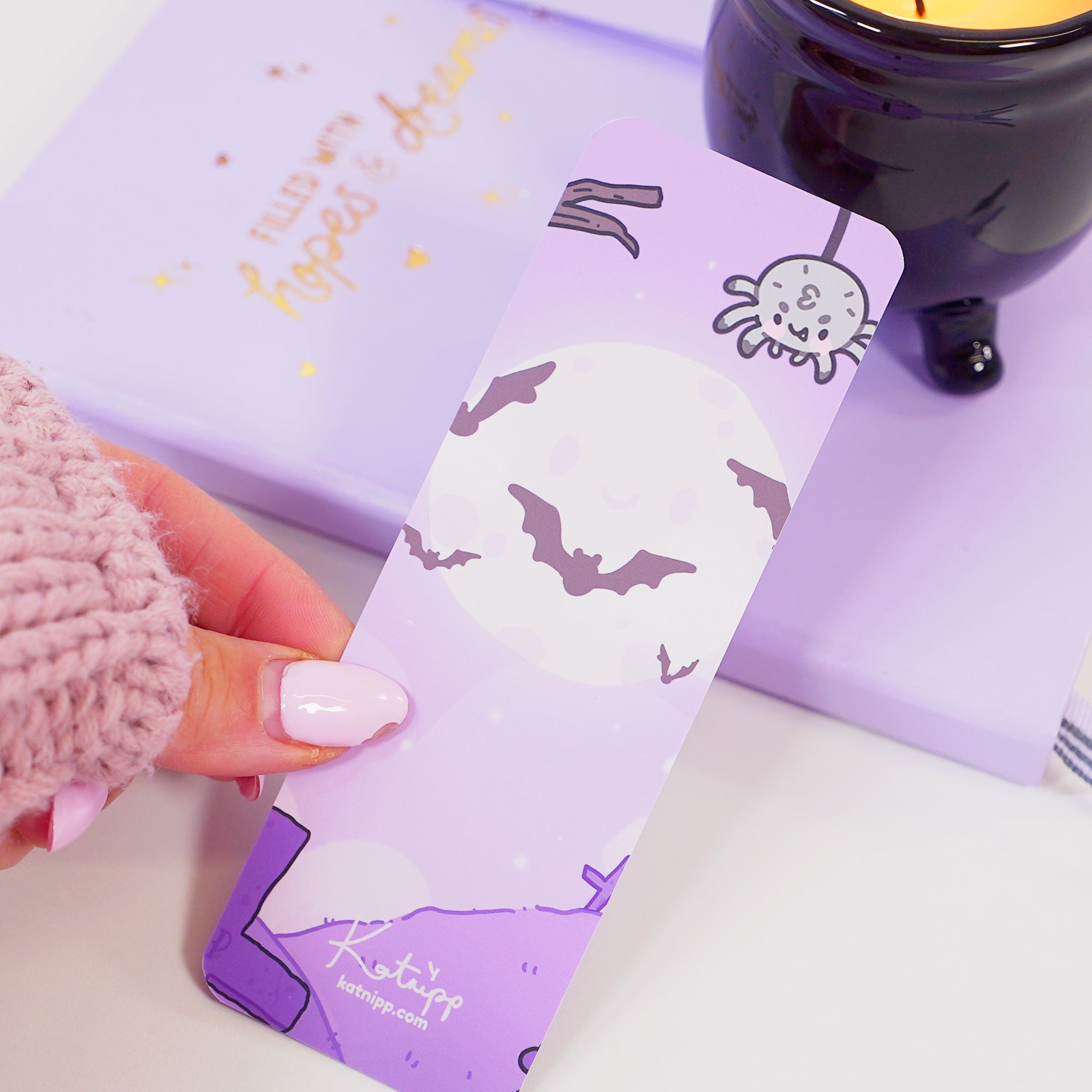 Kawaii Gothic Halloween Bookmark – ‘Sinking into a Fangtastic Book’ - Double-Sided Vinyl Stationery for Spooky Reading - Katnipp Studios