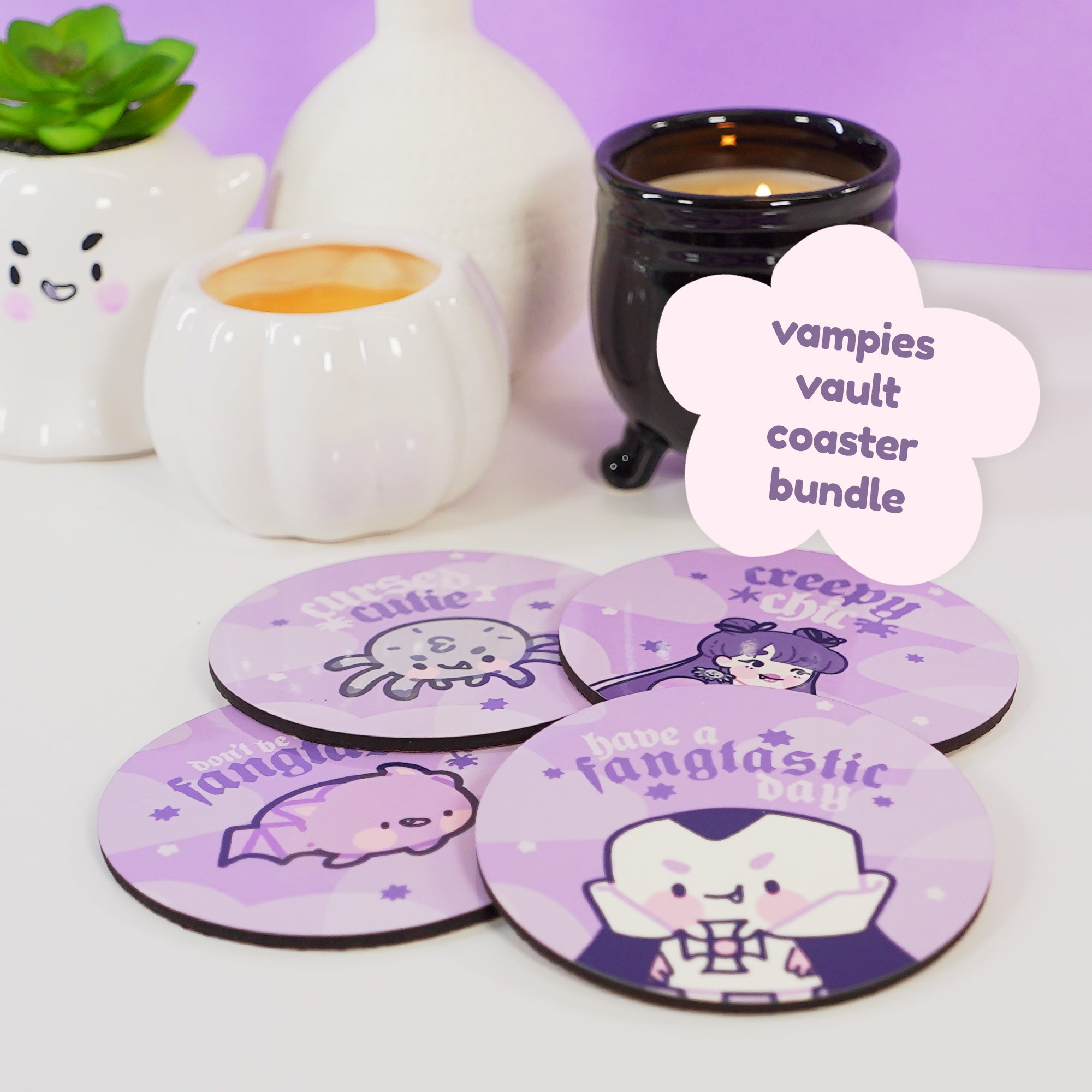 Kawaii Gothic Halloween Coaster Bundle – Set of 4 Spooky Character Coasters - Katnipp Studios