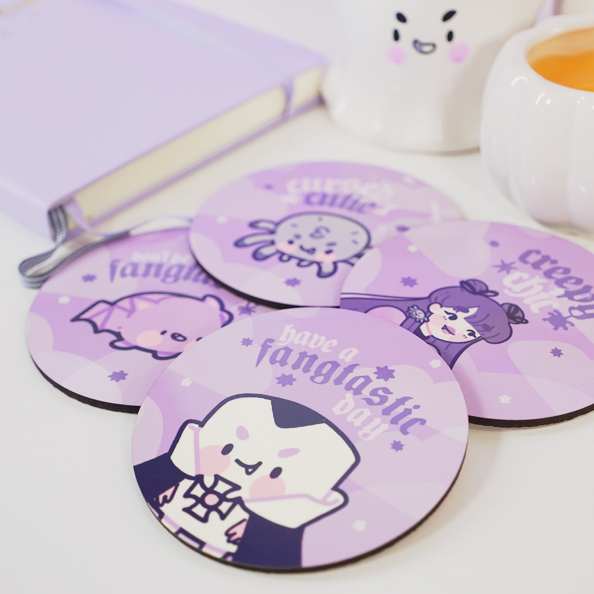 Kawaii Gothic Halloween Coaster Bundle – Set of 4 Spooky Character Coasters - Katnipp Studios