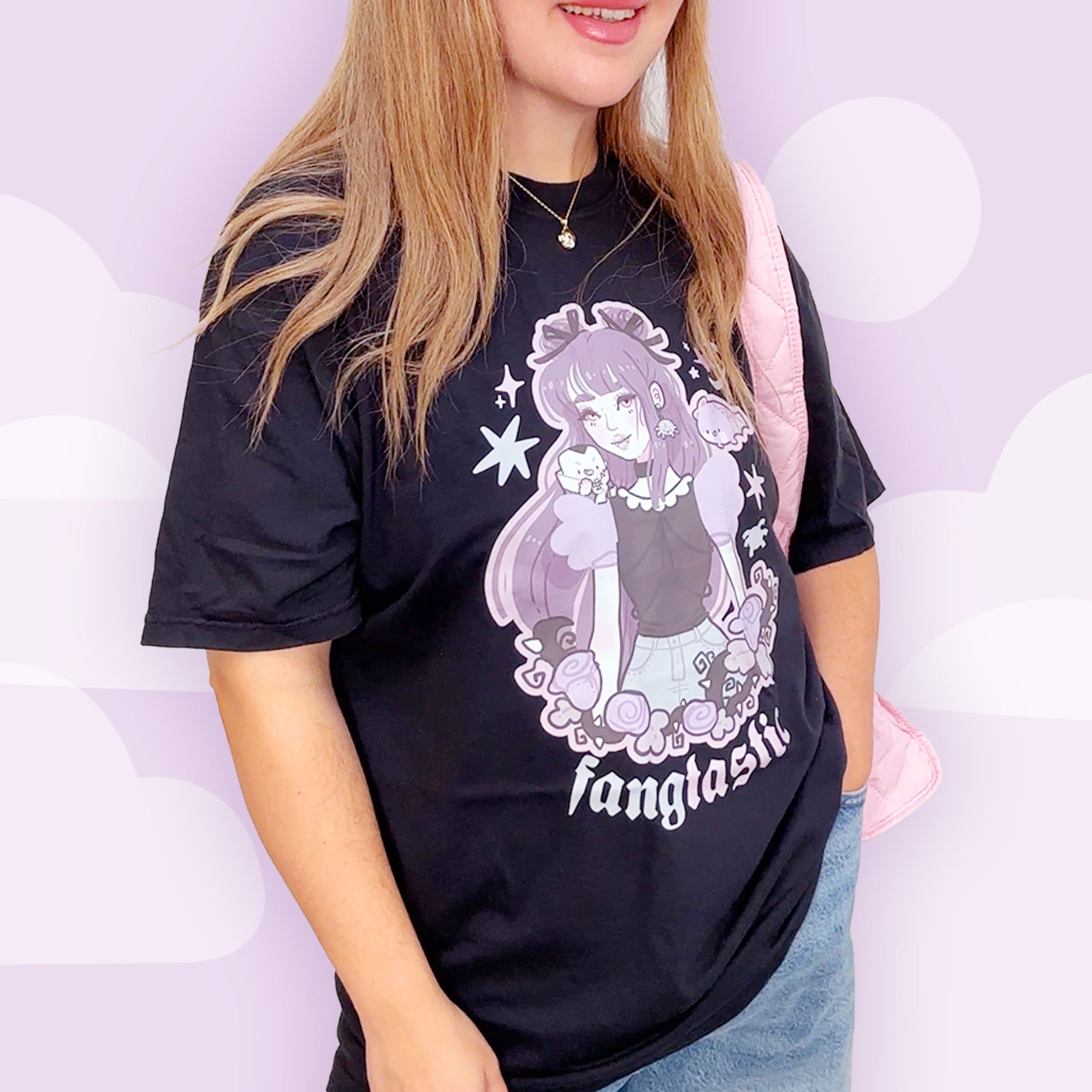 Kawaii Gothic Halloween T-Shirt – “Fangtastic” Premium Heavyweight Tee - Spooky Kawaii Vampire Girl Design - Katnipp Studios