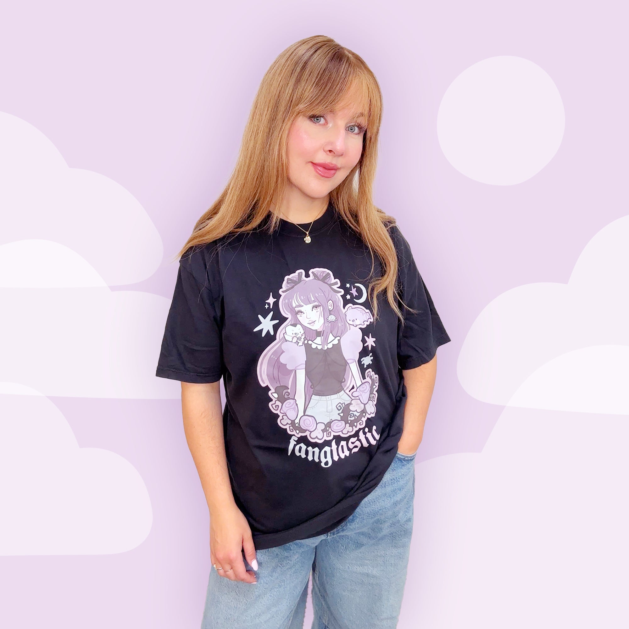 Kawaii Gothic Halloween T-Shirt – “Fangtastic” Premium Heavyweight Tee - Spooky Kawaii Vampire Girl Design - Katnipp Studios