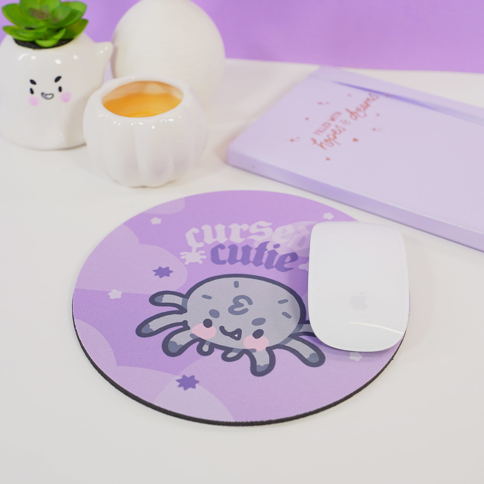 Kawaii Halloween Mouse Pad - “Cursed Cutie” with Fluffy the Spider - Gothic Purple Desk Decor - Katnipp Studios