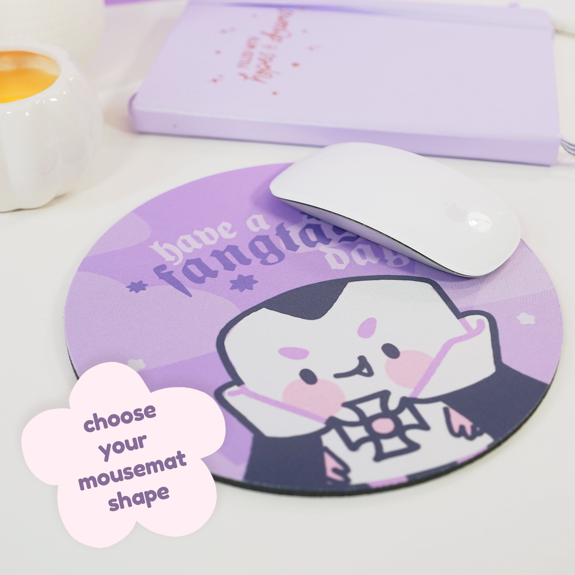 Kawaii Halloween Mouse Pad - Gothic Purple Desk Decor - “Have a Fangtastic Day” with Vampire Marshie - Katnipp Studios