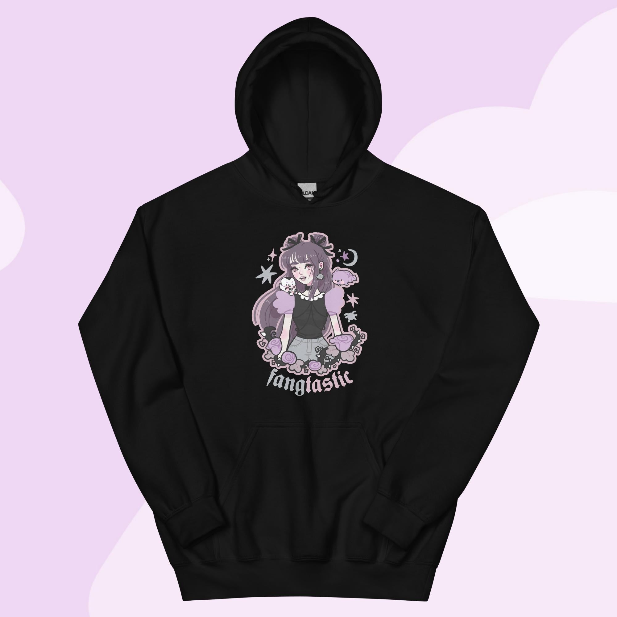 Kawaii Halloween Vampire Hoodie – “Fangtastic” Gothic Apparel - Cute Vampire Girl & Bat Design - Katnipp Studios