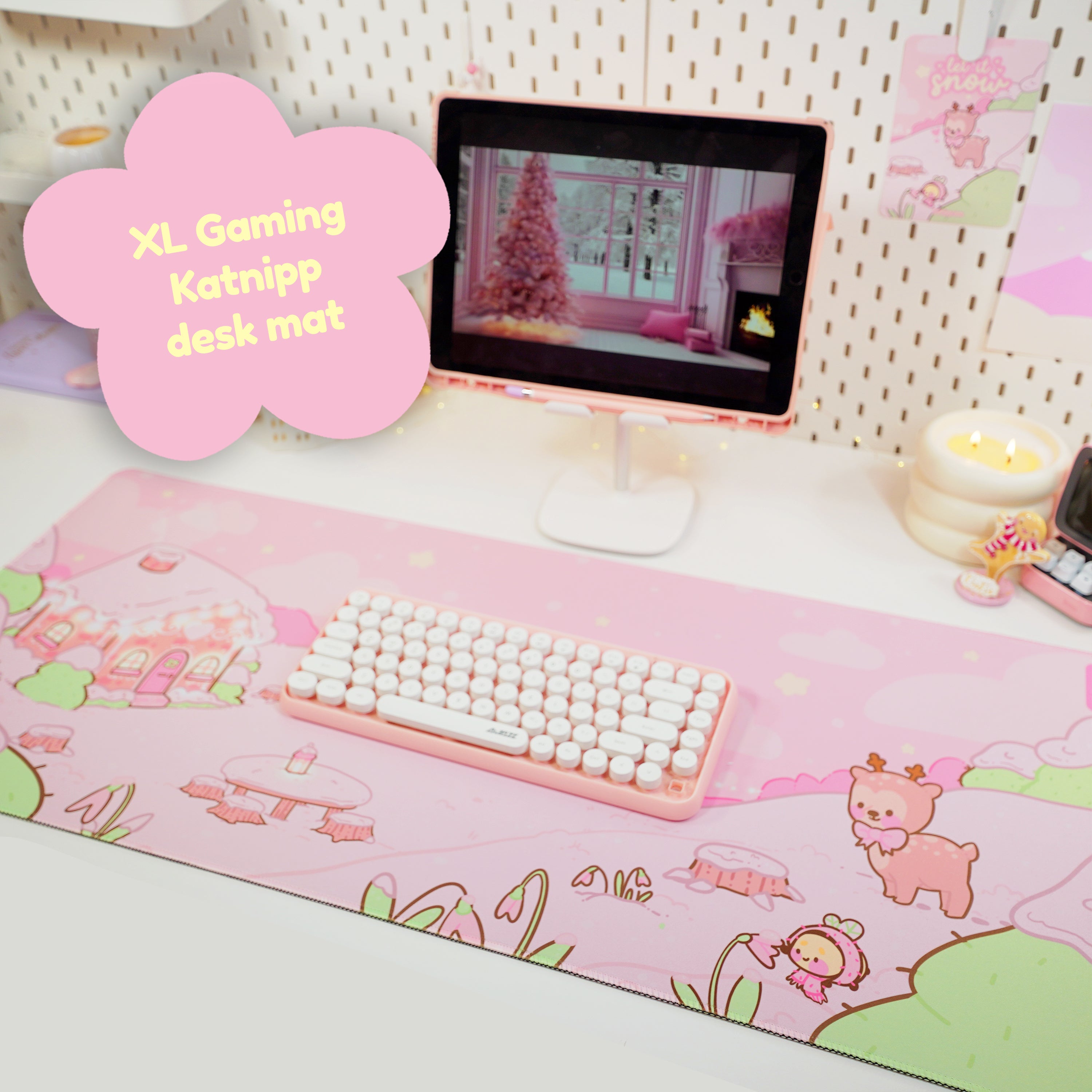 Kawaii Snowy Winter Scene Gaming Desk Pad | Cinnamon & Bumblebutt Christmas Desk Mat for Cute Aesthetic Setups - Katnipp Studios