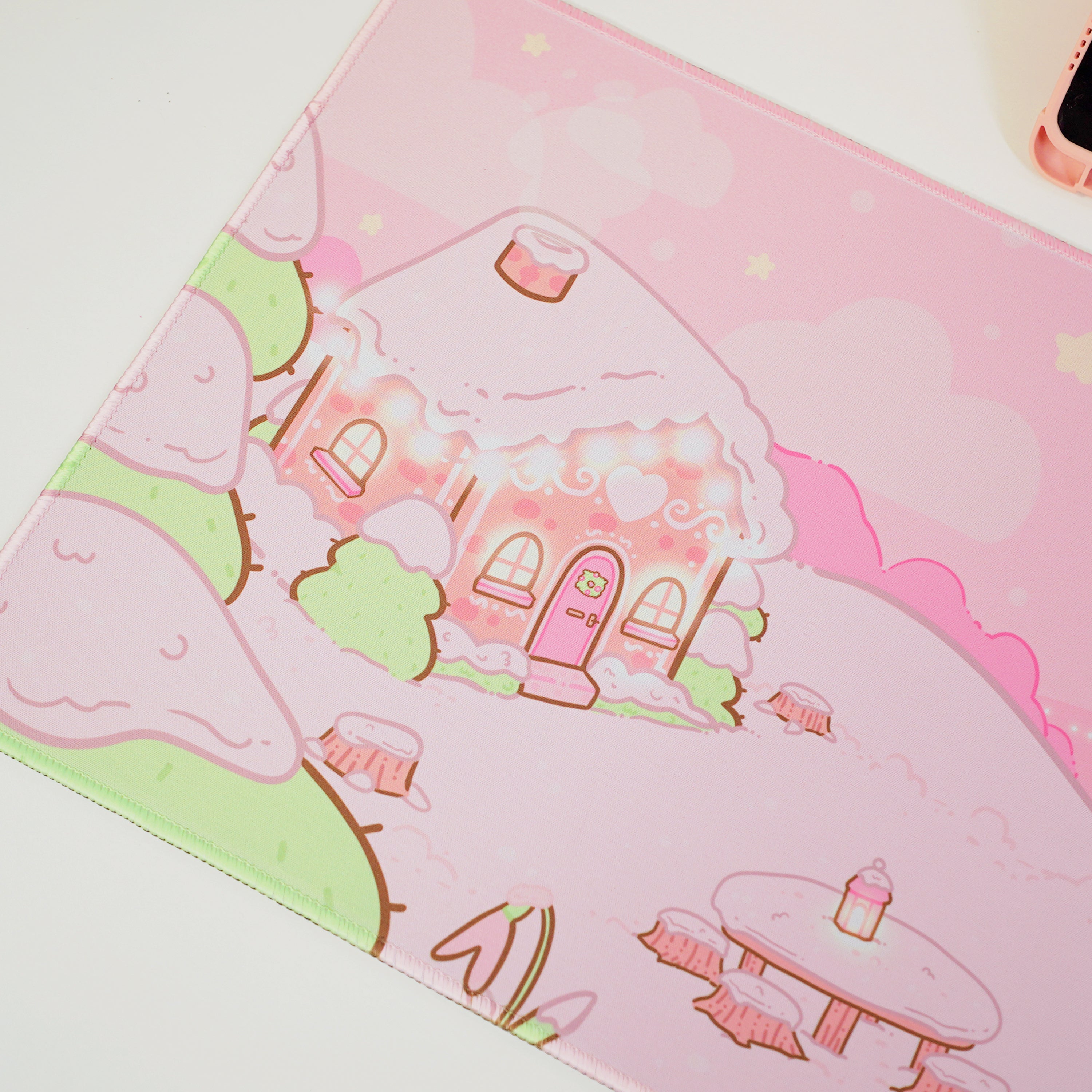 Kawaii Snowy Winter Scene Gaming Desk Pad | Cinnamon & Bumblebutt Christmas Desk Mat for Cute Aesthetic Setups - Katnipp Studios