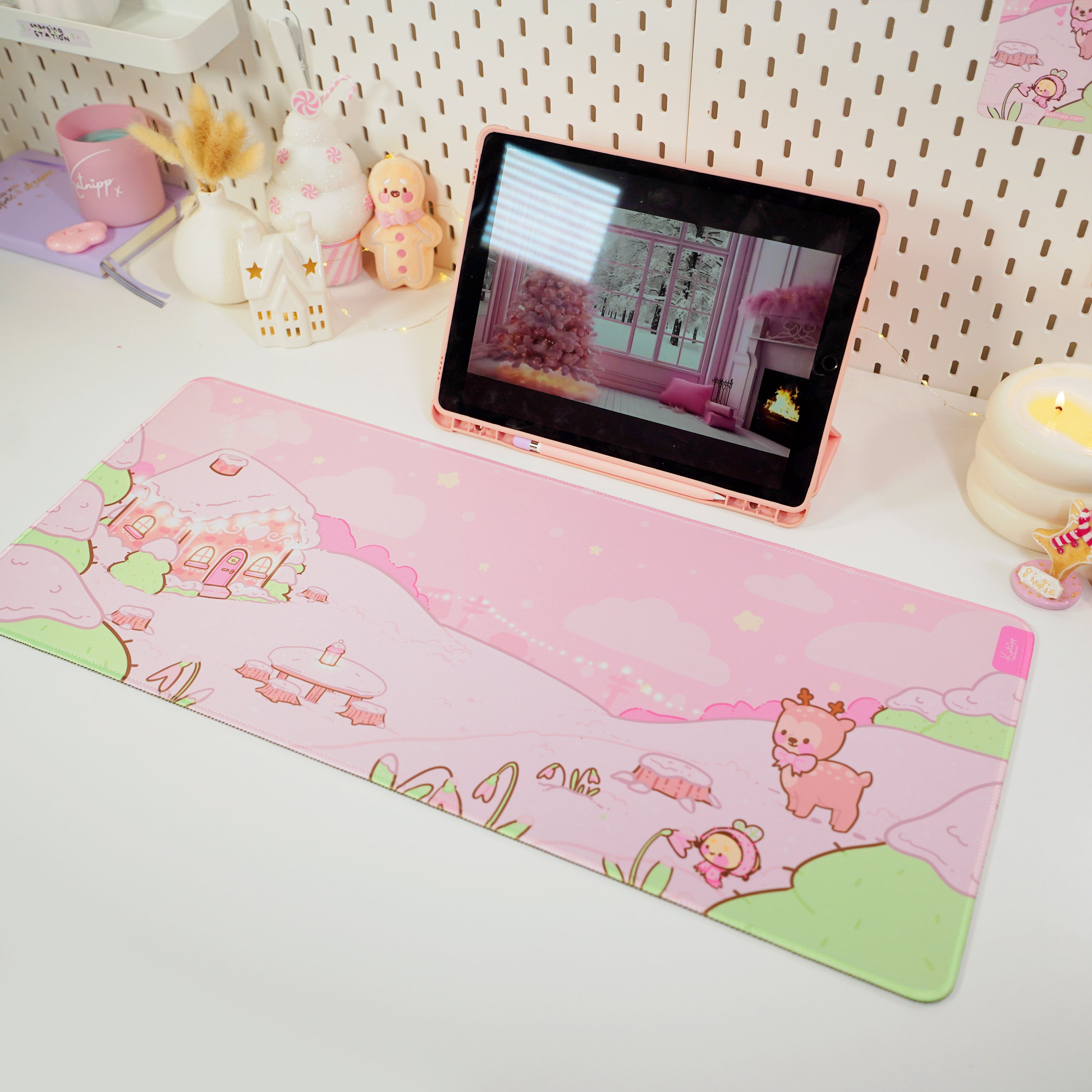 Kawaii Snowy Winter Scene Gaming Desk Pad | Cinnamon & Bumblebutt Christmas Desk Mat for Cute Aesthetic Setups - Katnipp Studios