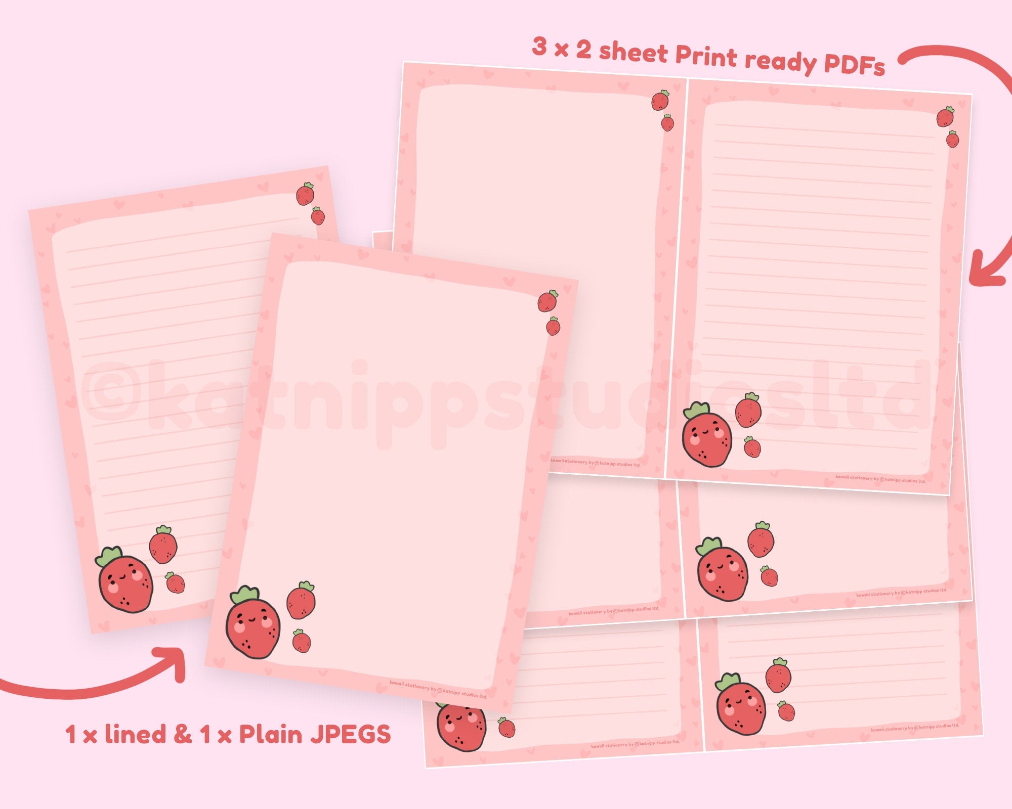 Kawaii Strawberry Letter Set | Cute Printable Digital Stationery Paper - Adorable Letter Writing Sheets - Katnipp Studios