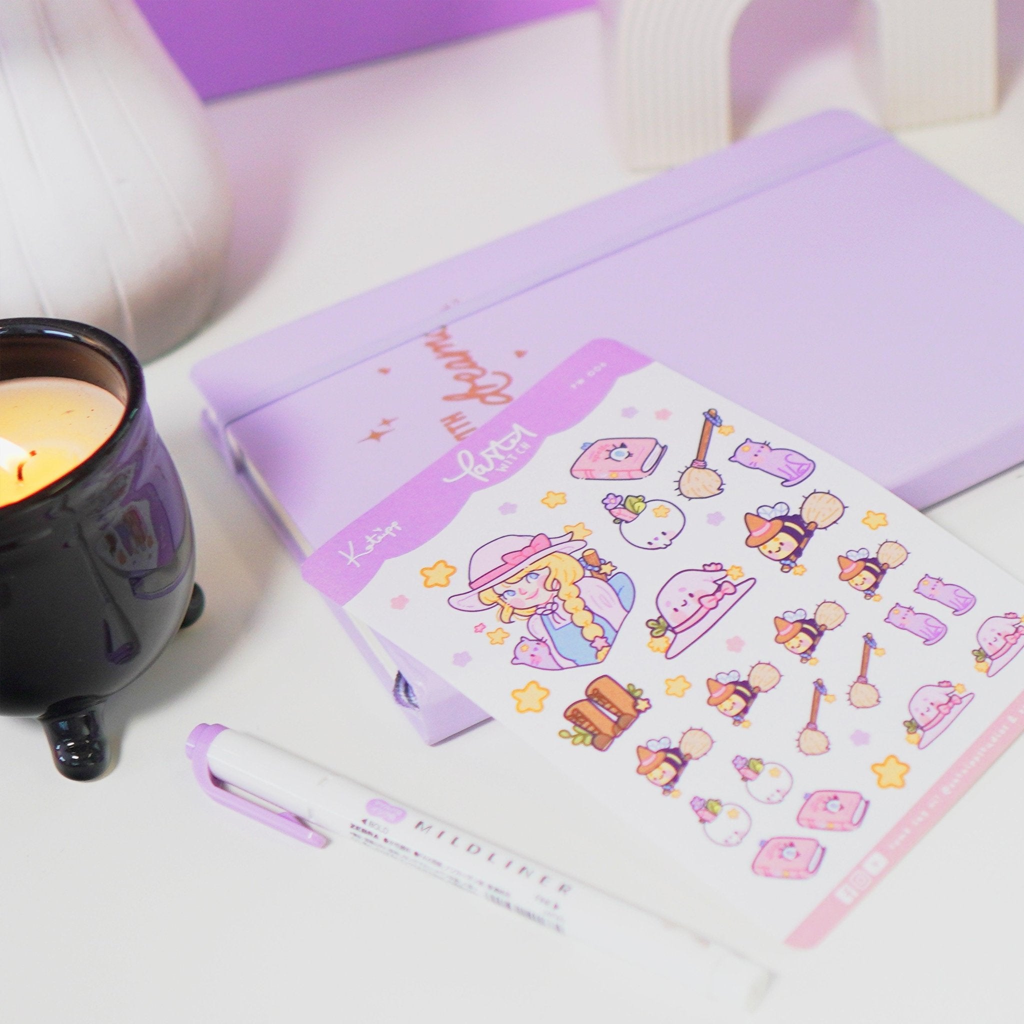 Pastel Witch A6 Sticker Sheet | Kawaii Witch Characters & Accessories | PW006 Katnipp character product