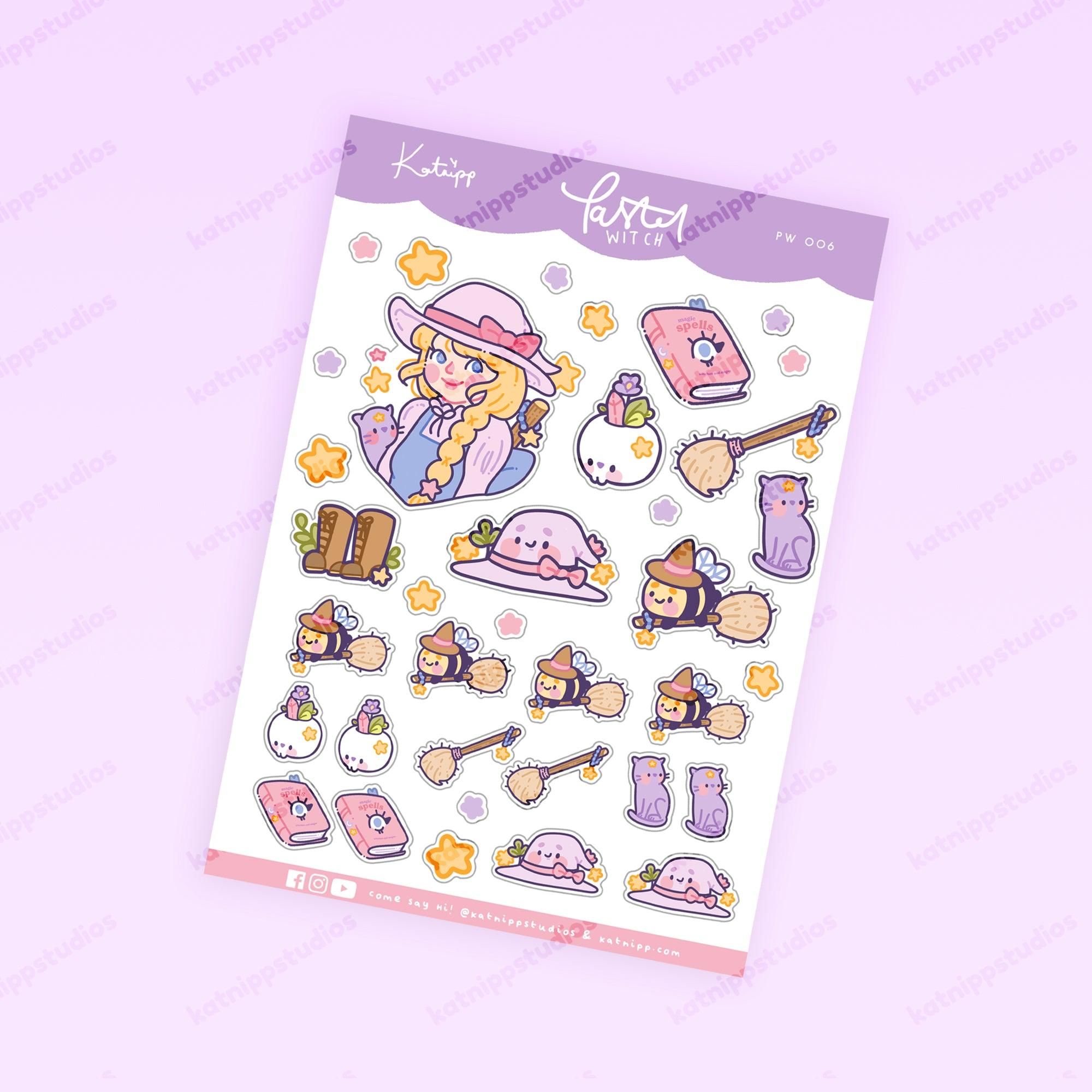 Pastel Witch A6 Sticker Sheet | Kawaii Witch Characters & Accessories | PW006 Katnipp character product