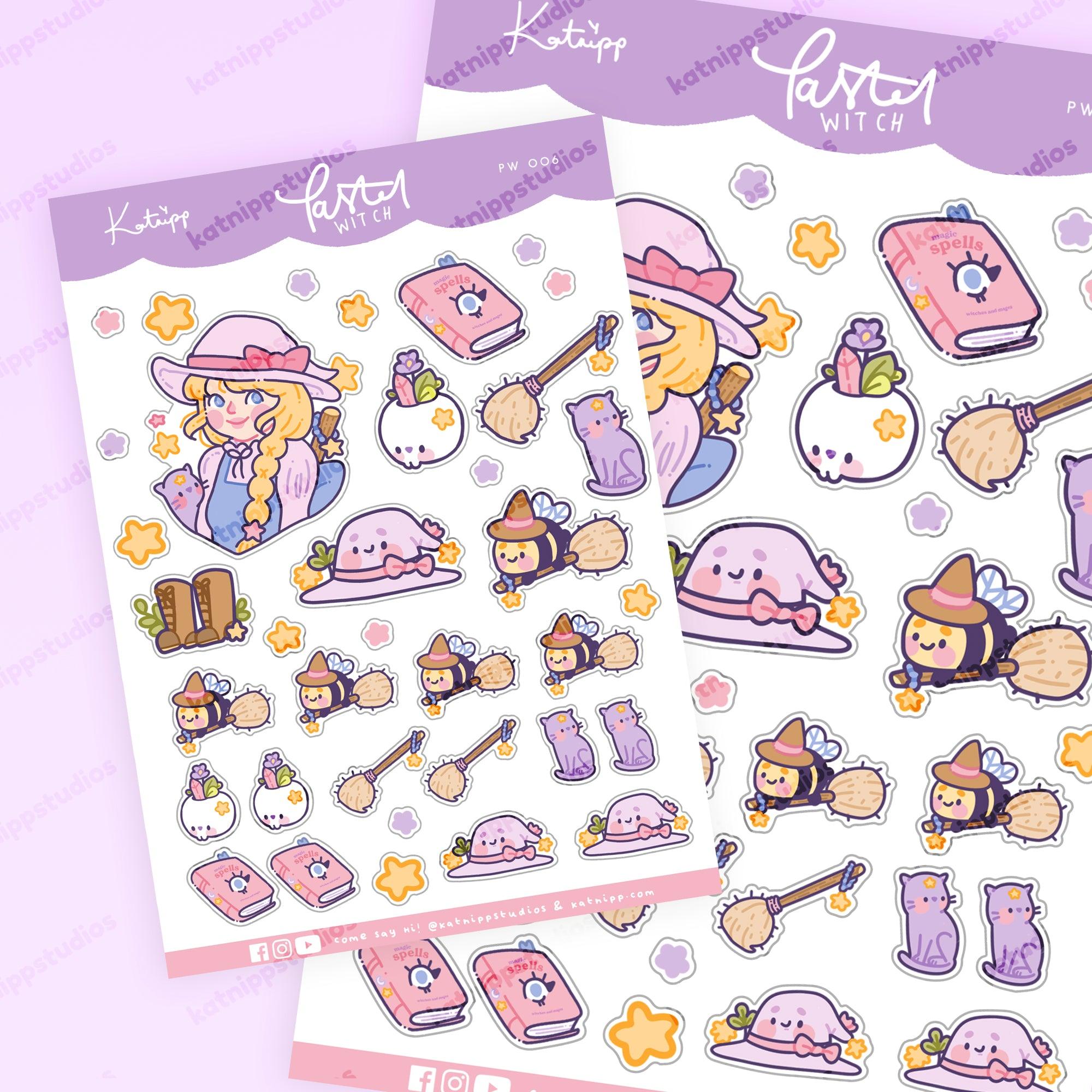 Pastel Witch A6 Sticker Sheet | Kawaii Witch Characters & Accessories | PW006 Katnipp character product