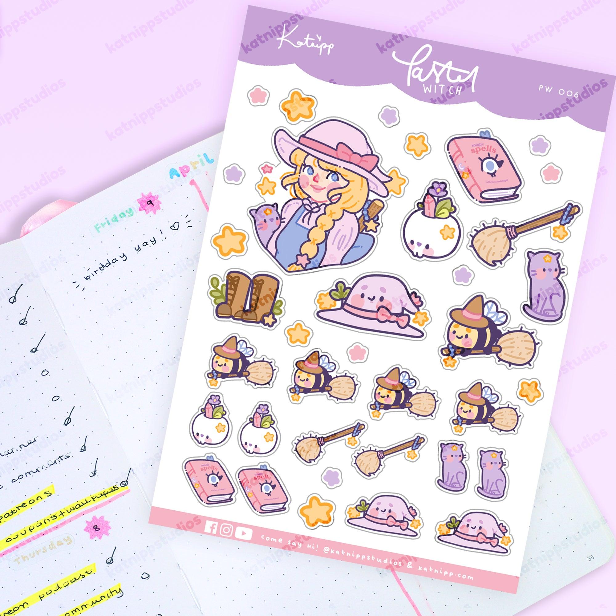 Pastel Witch A6 Sticker Sheet | Kawaii Witch Characters & Accessories | PW006 Katnipp character product