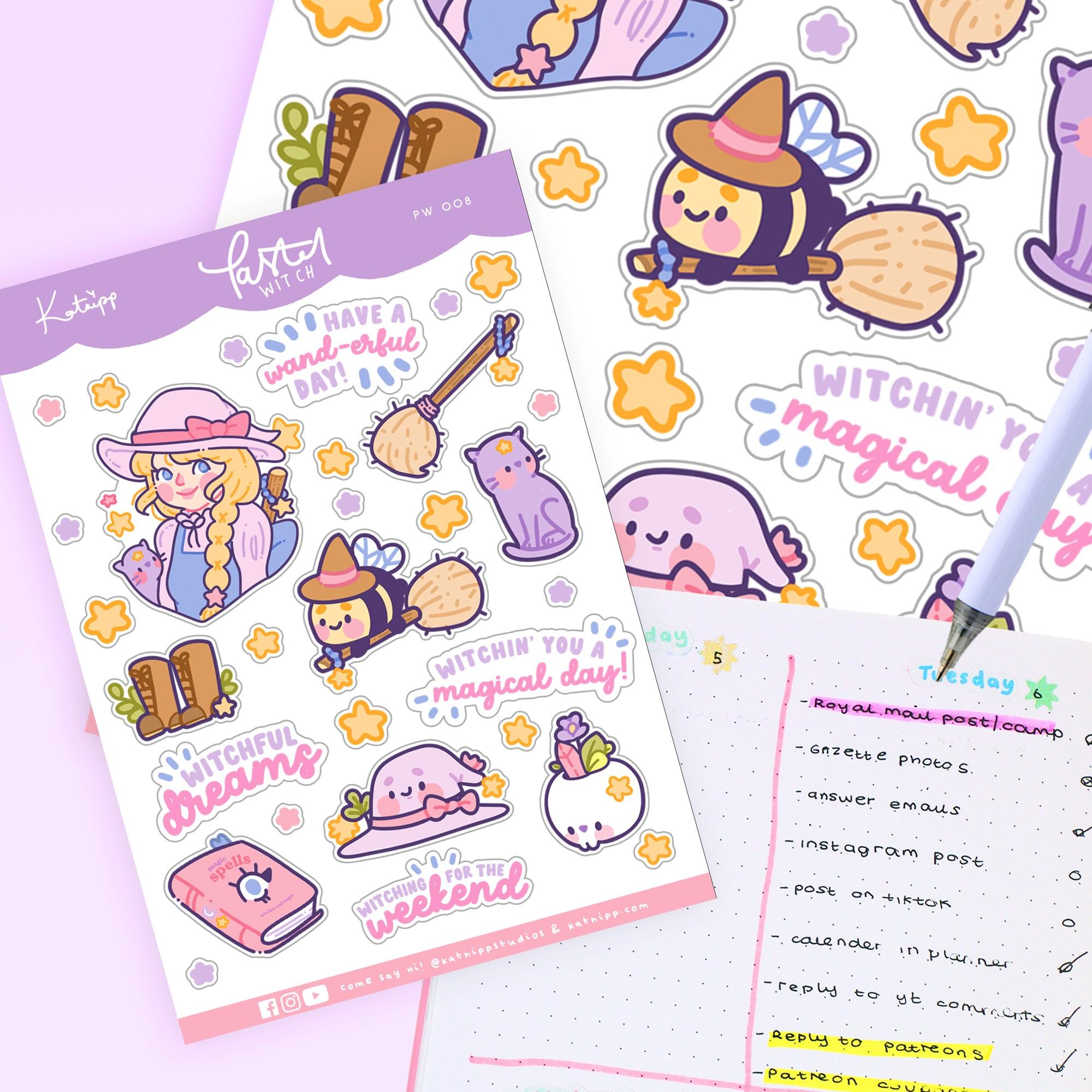 Pastel Witch A6 Sticker Sheet | Kawaii Witch Characters & Quotes | PW008 Katnipp character product