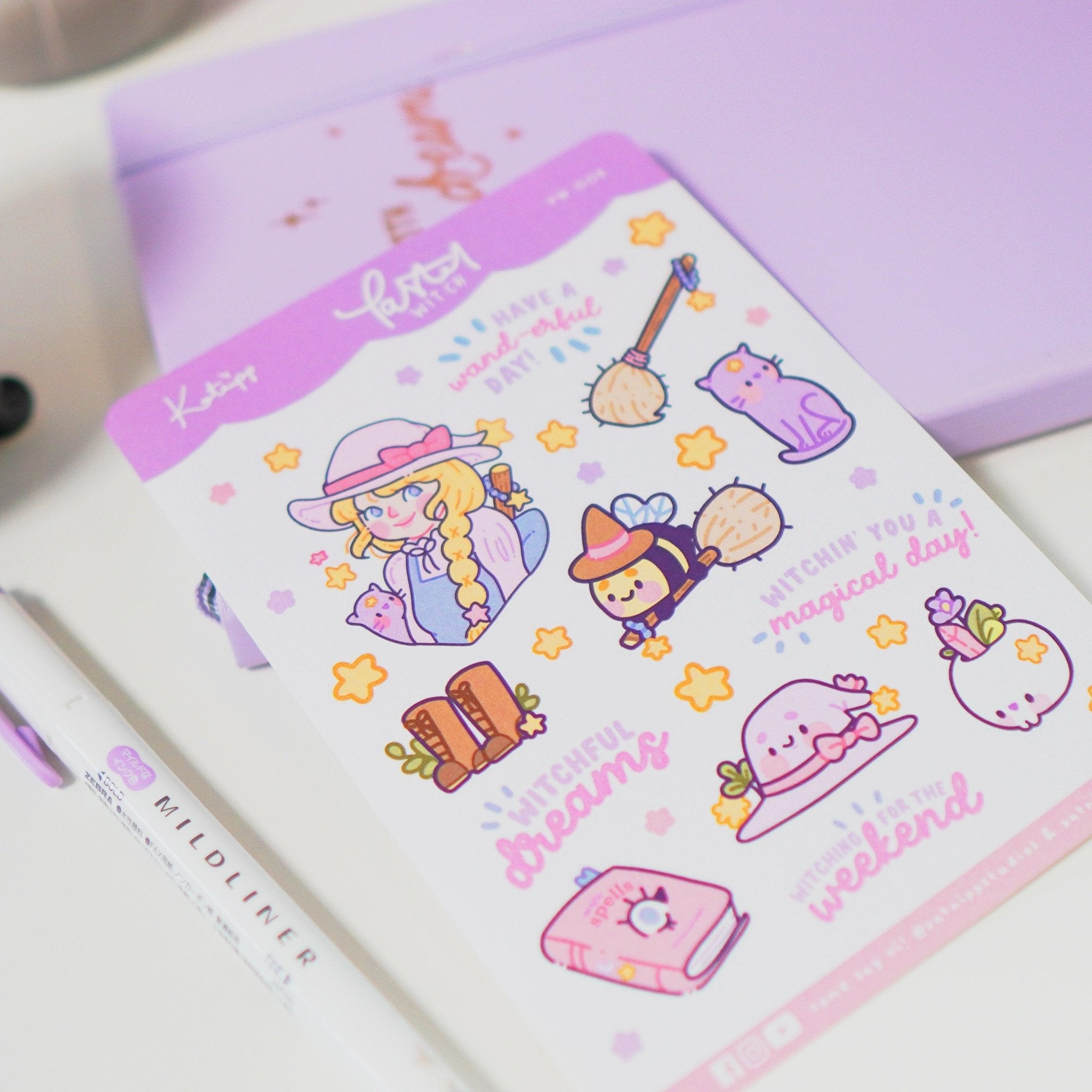 Pastel Witch A6 Sticker Sheet | Kawaii Witch Characters & Quotes | PW008 Katnipp character product