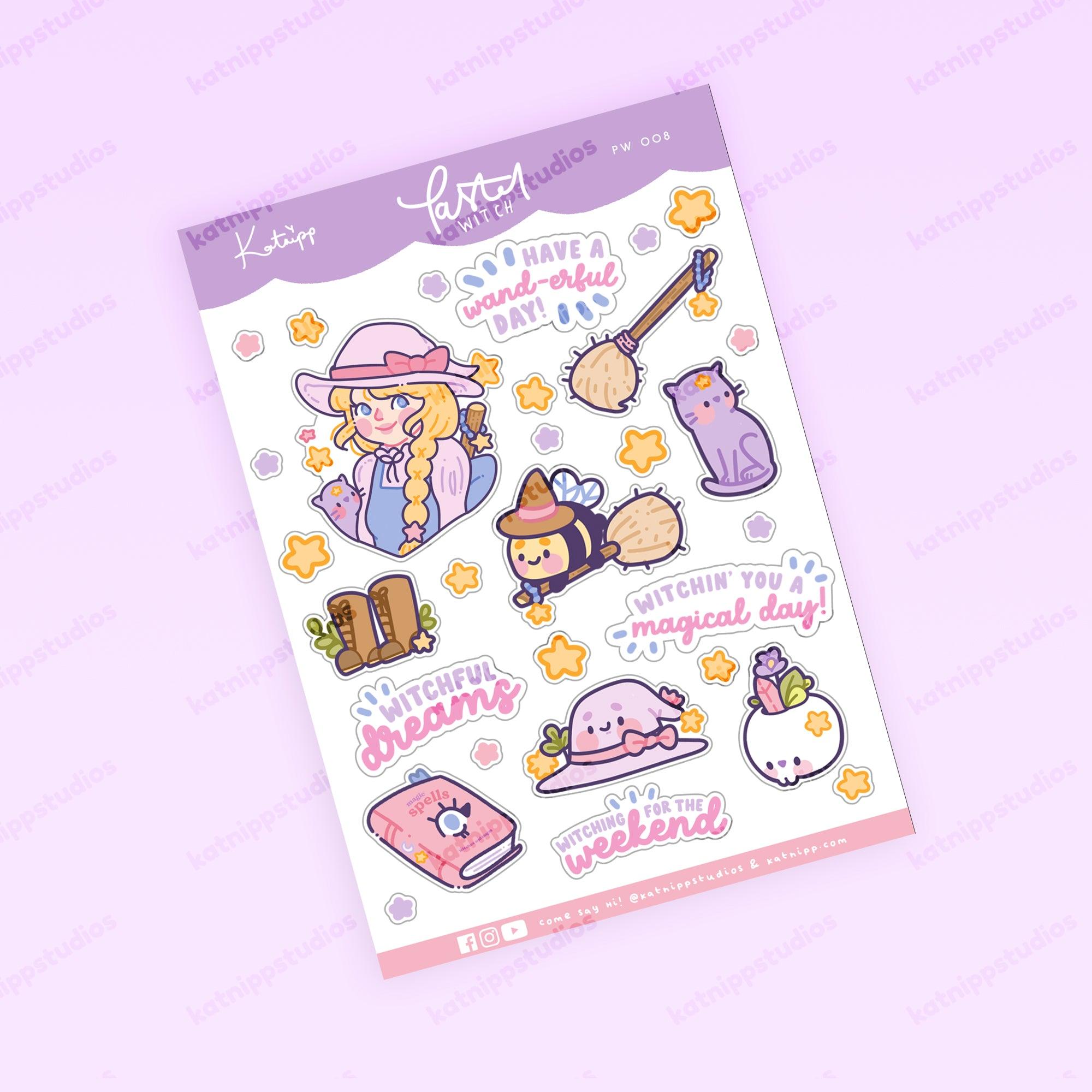 Pastel Witch A6 Sticker Sheet | Kawaii Witch Characters & Quotes | PW008 Katnipp character product