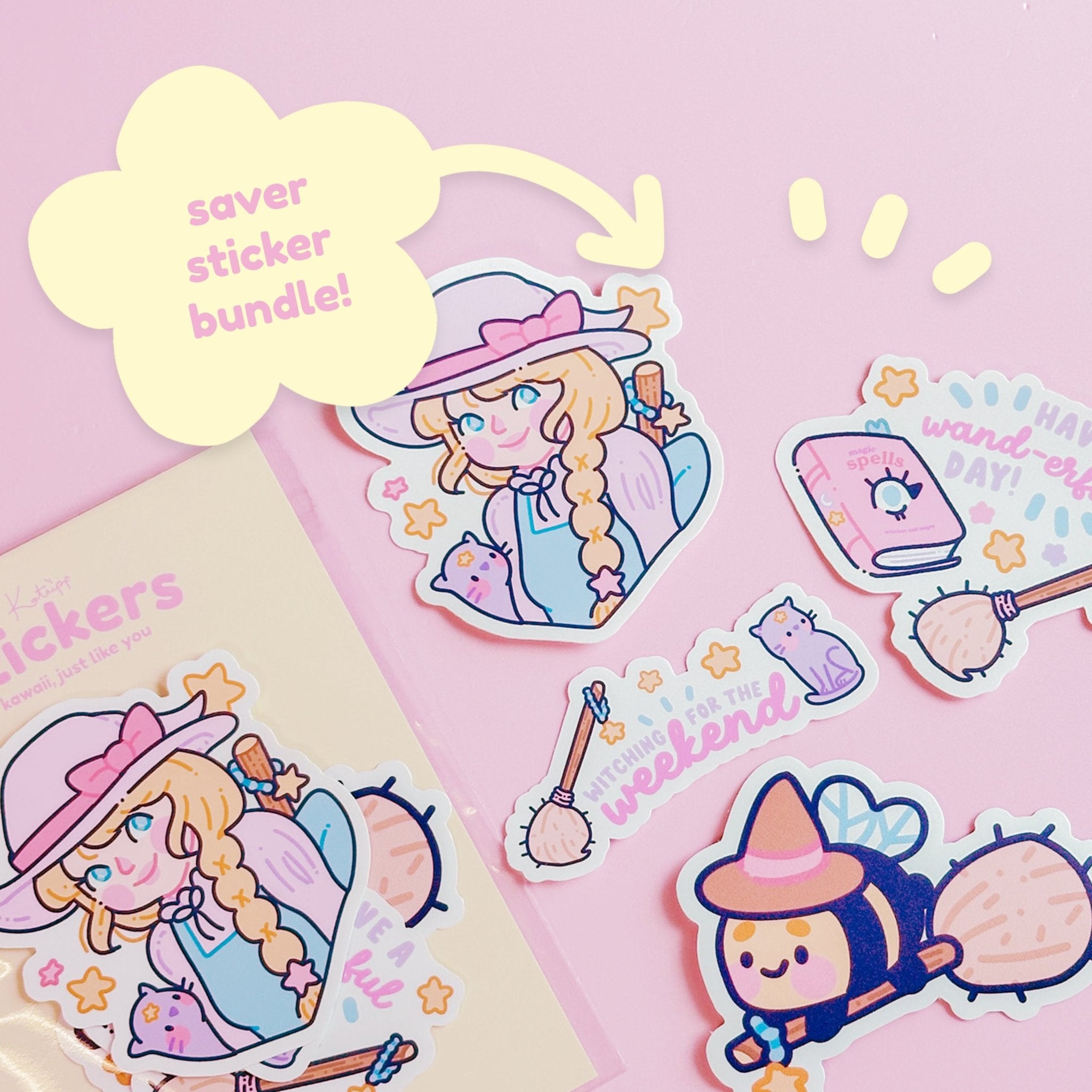Pastel Witch Sticker Set | 4 Kawaii Witchcore Vinyl Stickers Katnipp character product