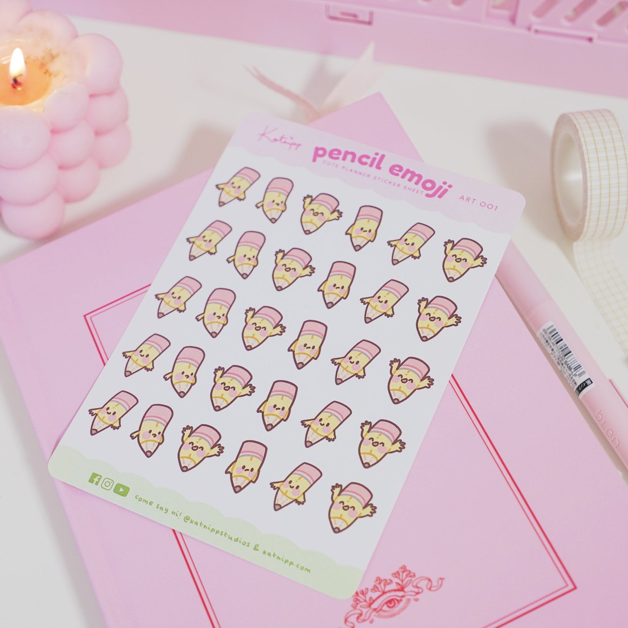 Pencil Emoji Sticker Sheet | A6 Kawaii Planner & Study Stickers | ART 001 Katnipp character product
