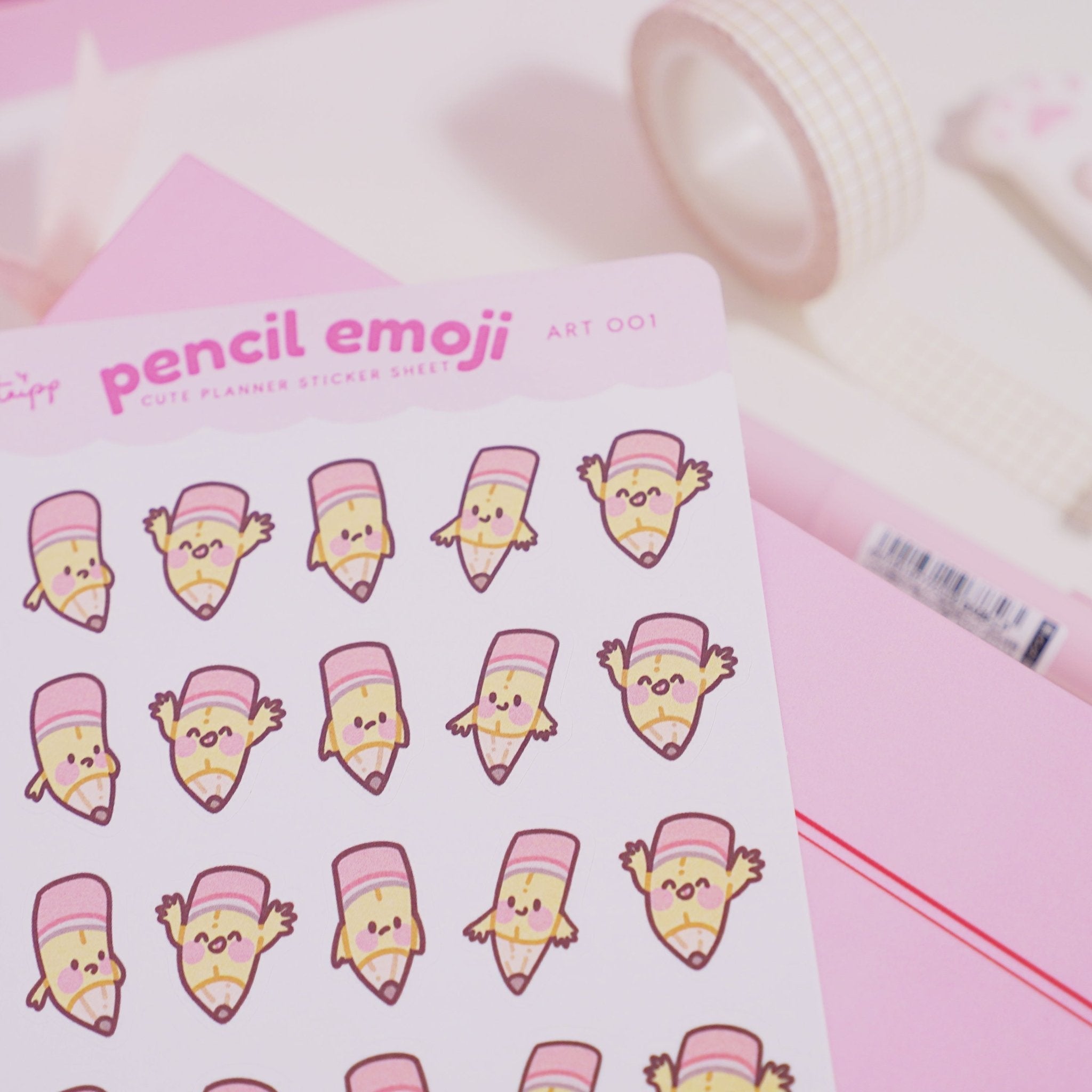 Pencil Emoji Sticker Sheet | A6 Kawaii Planner & Study Stickers | ART 001 Katnipp character product